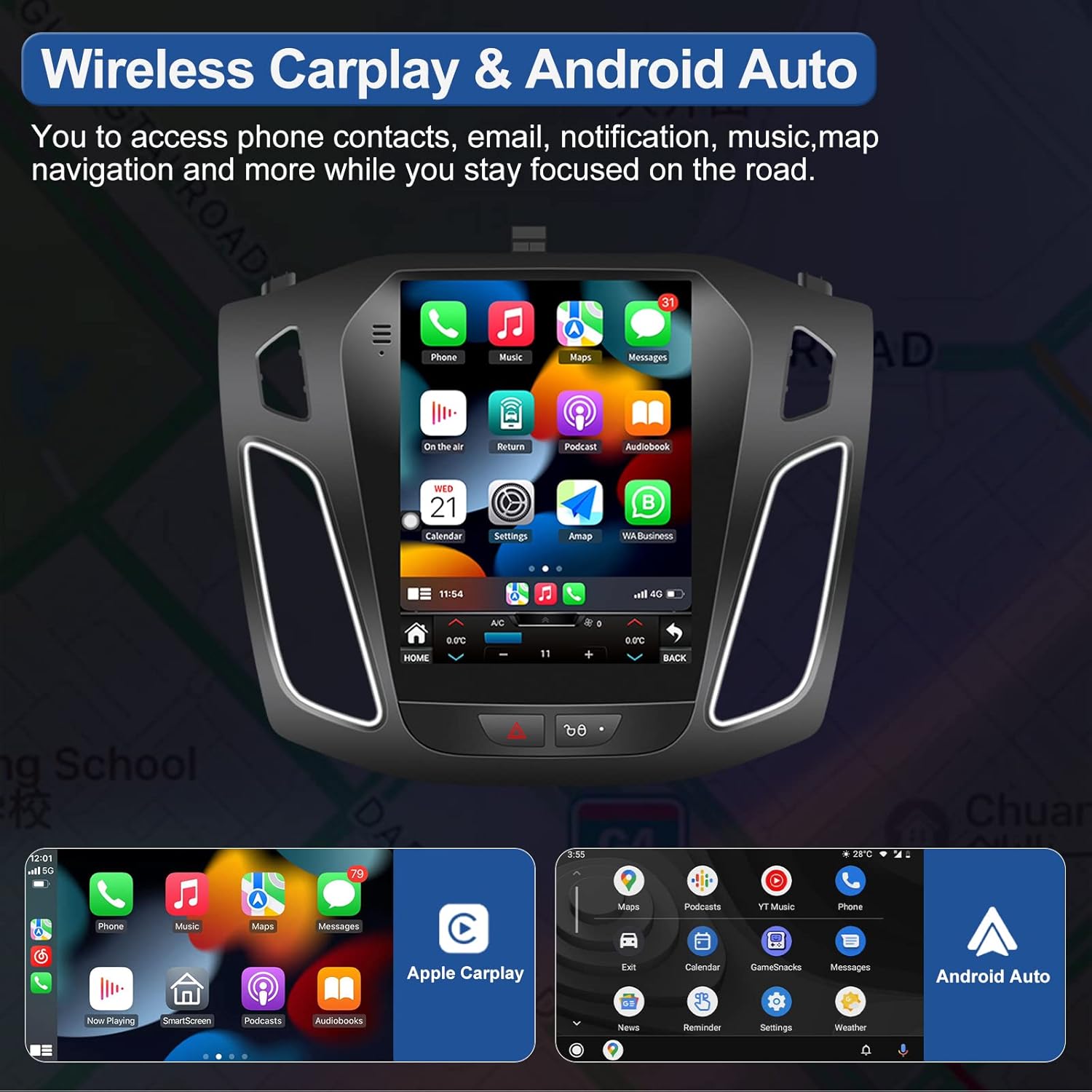 Radio estéreo de coche de 4 GB+64 GB (8 núcleos) 5GWiFi para Ford Focus 2012-2018 con CarPlay inalámbrico y Android Auto, pantalla táctil HD 10.4