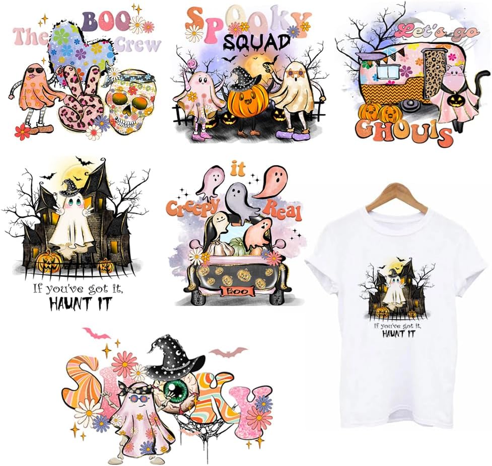 Adhesivos de transferencia de calor para camisetas para planchar para Halloween, parches adhesivos de calabaza, fantasma, calaveras, globos
