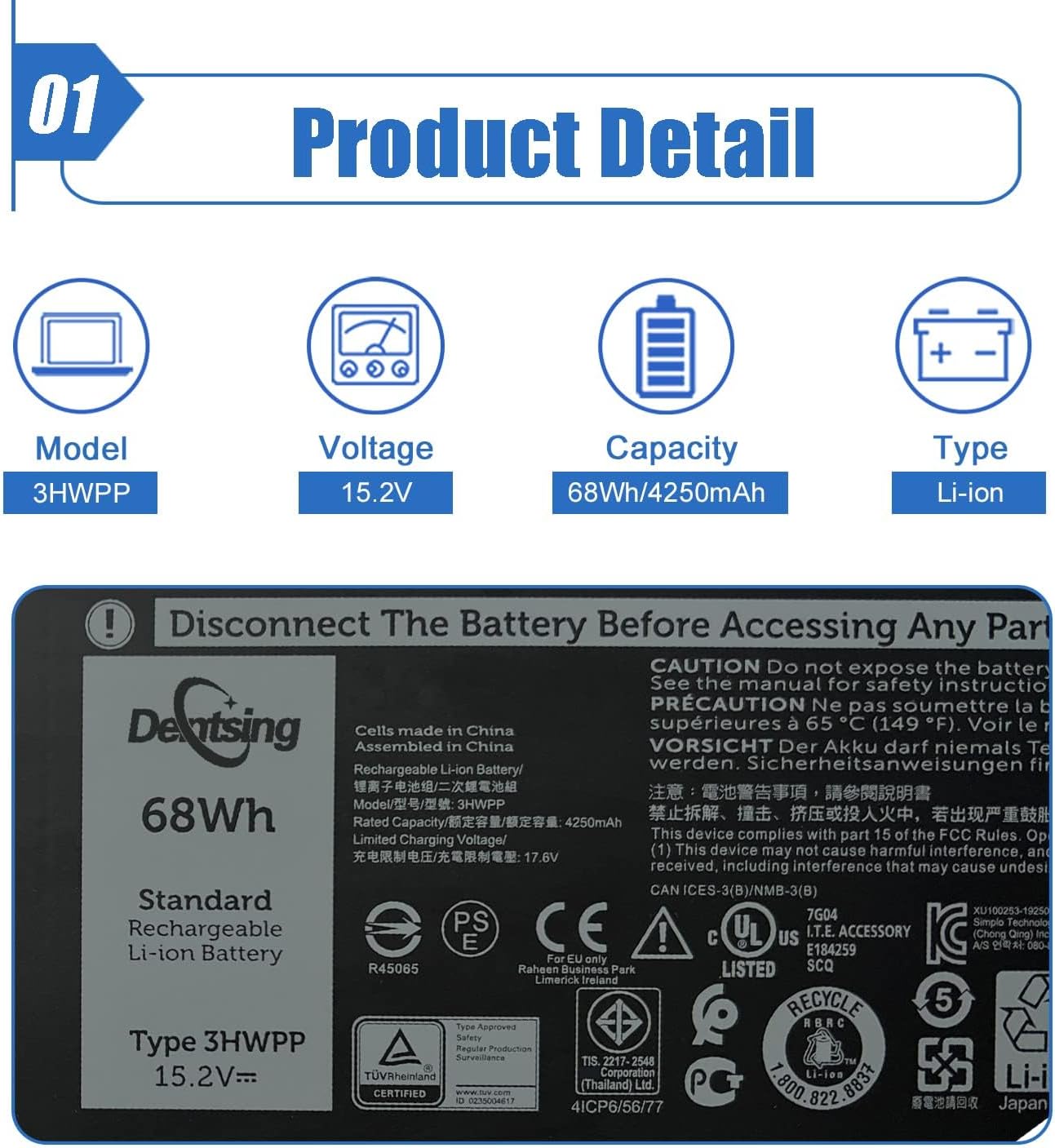 Dentsing Batería de repuesto para laptop de 68 Wh 3HWPP para Dell Latitude 5401 5410 5411 5501 5510 5511 Precision 3541 3551 Series 03HWPP 10X1J