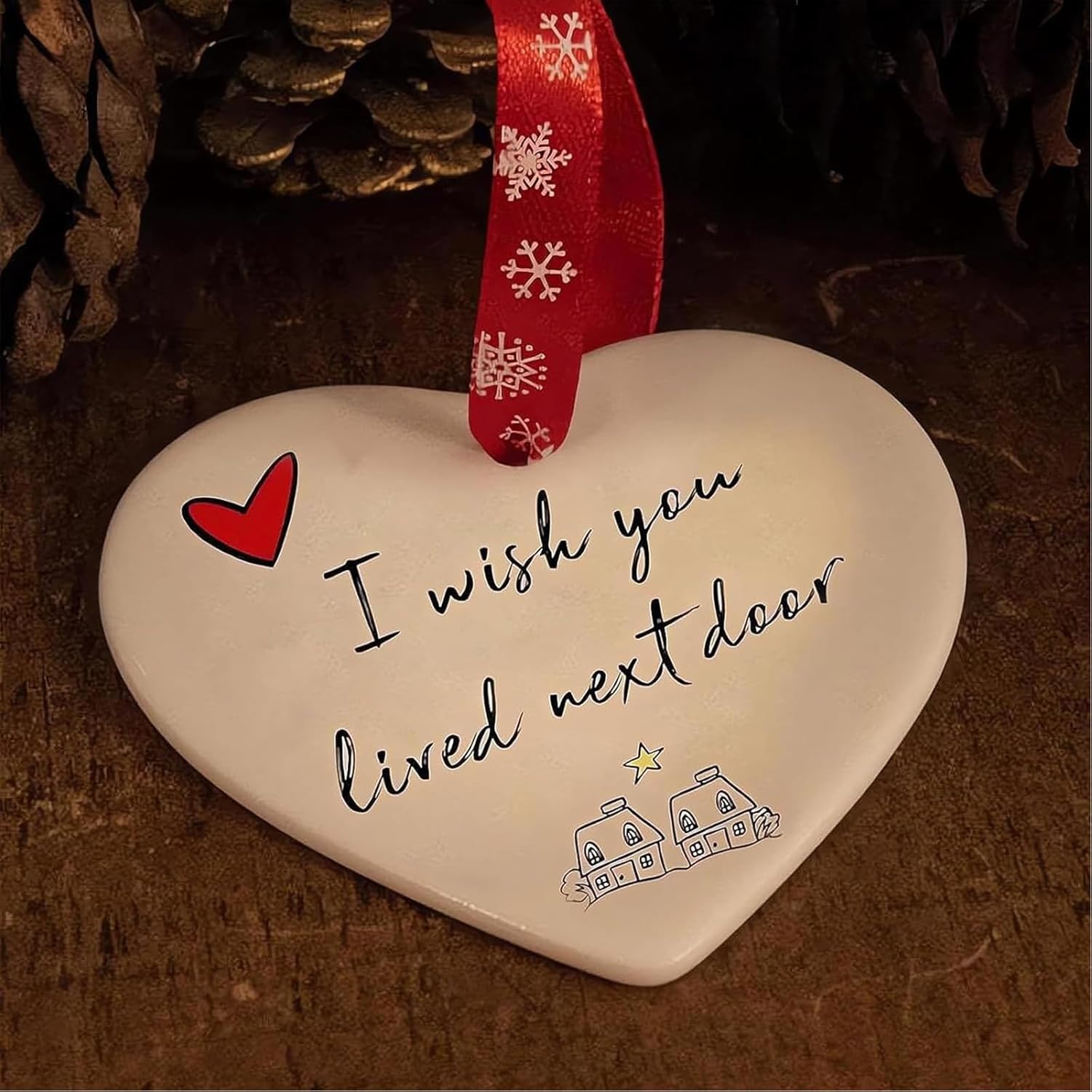 Adorno colgante de corazón de Navidad, regalo de discurso, decoración de corazón, Wish You Lived Next Door Adorno de corazón decorativo de cristal,