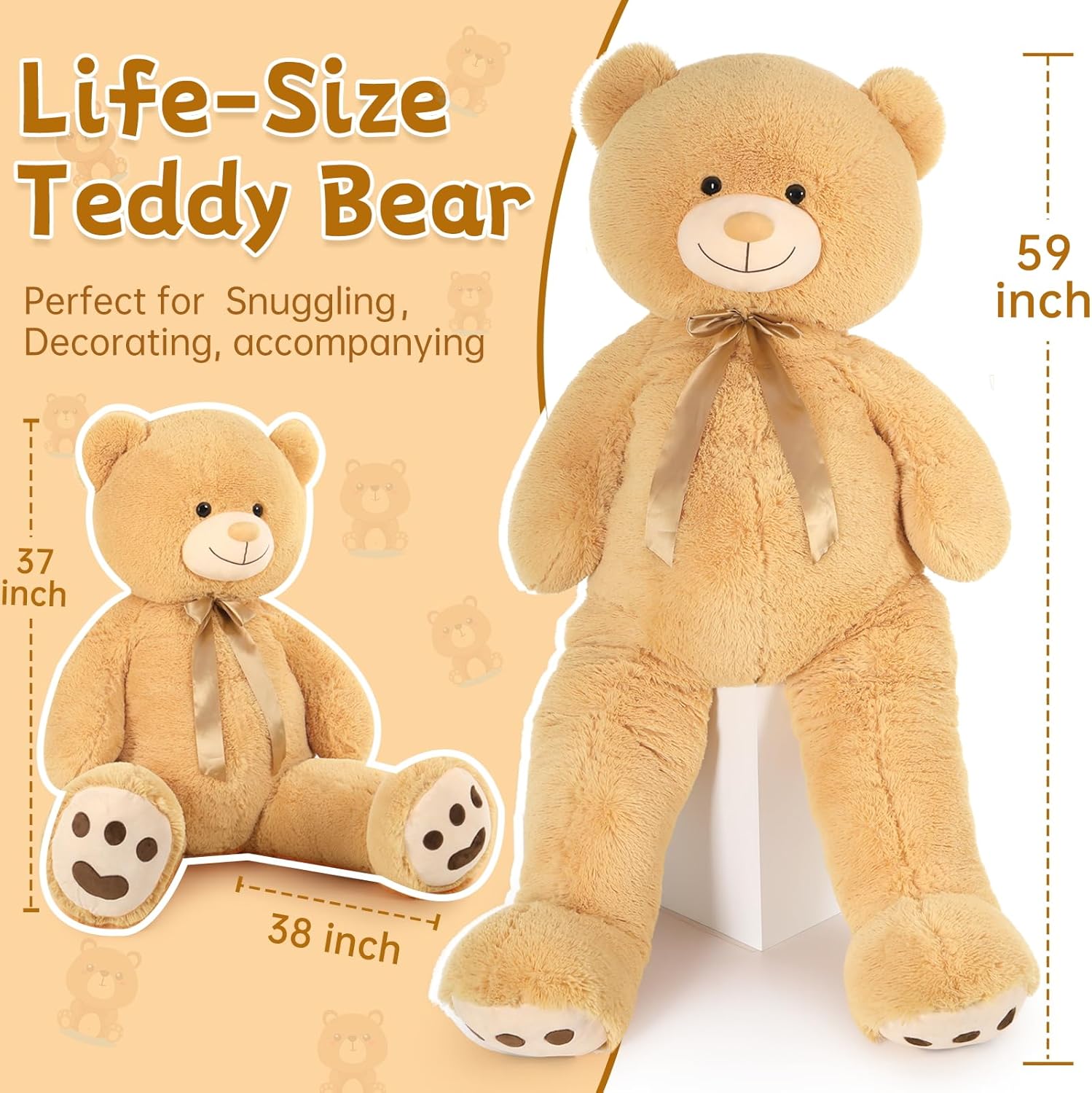 Tezituor Oso de peluche gigante de 5 pies de alto, gran oso de peluche marrón claro, gran oso de peluche de tamaño real, regalo en cumpleaños, día