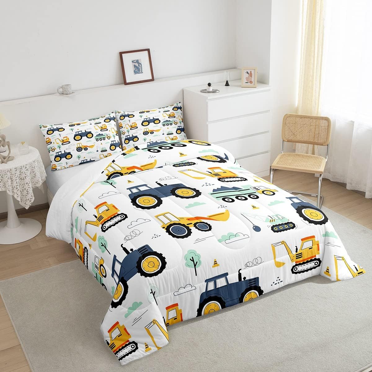 Juego de edredón de tractor tamaño Queen, juego de ropa de cama de camión de dibujos animados para niños, niñas y adolescentes, edredón de plumón de