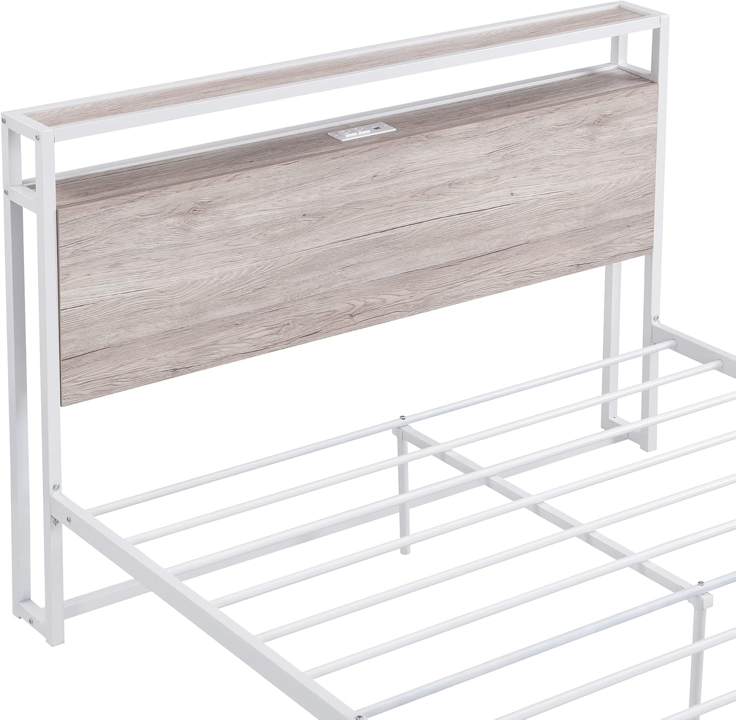Ucloveria Base de cama de tamaño matrimonial con cabecera y estante de almacenamiento de 2 niveles, marco de cama moderno de metal y madera con
