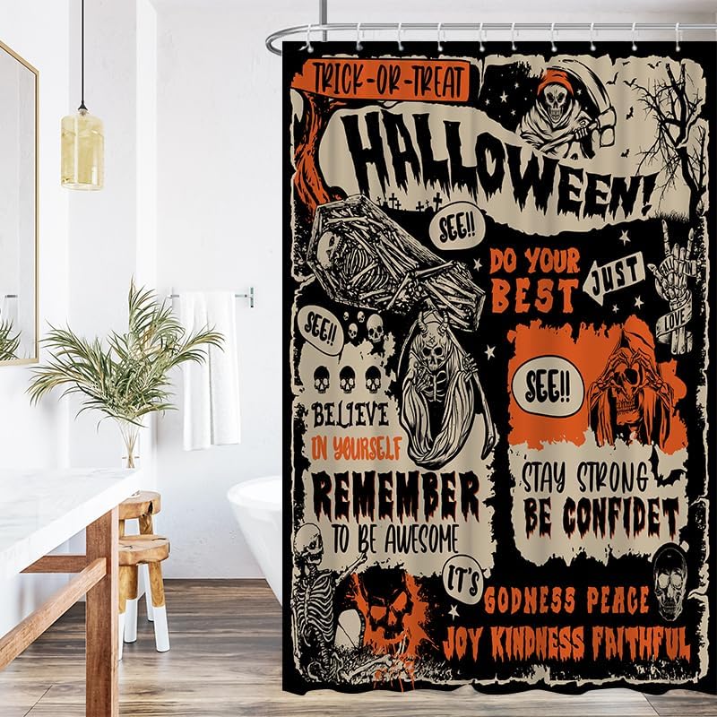 Lofaris Cortina de ducha de Halloween para baño, espeluznante truco o truco espeluznante, cortina de ducha espeluznante, calavera gótica, creer en