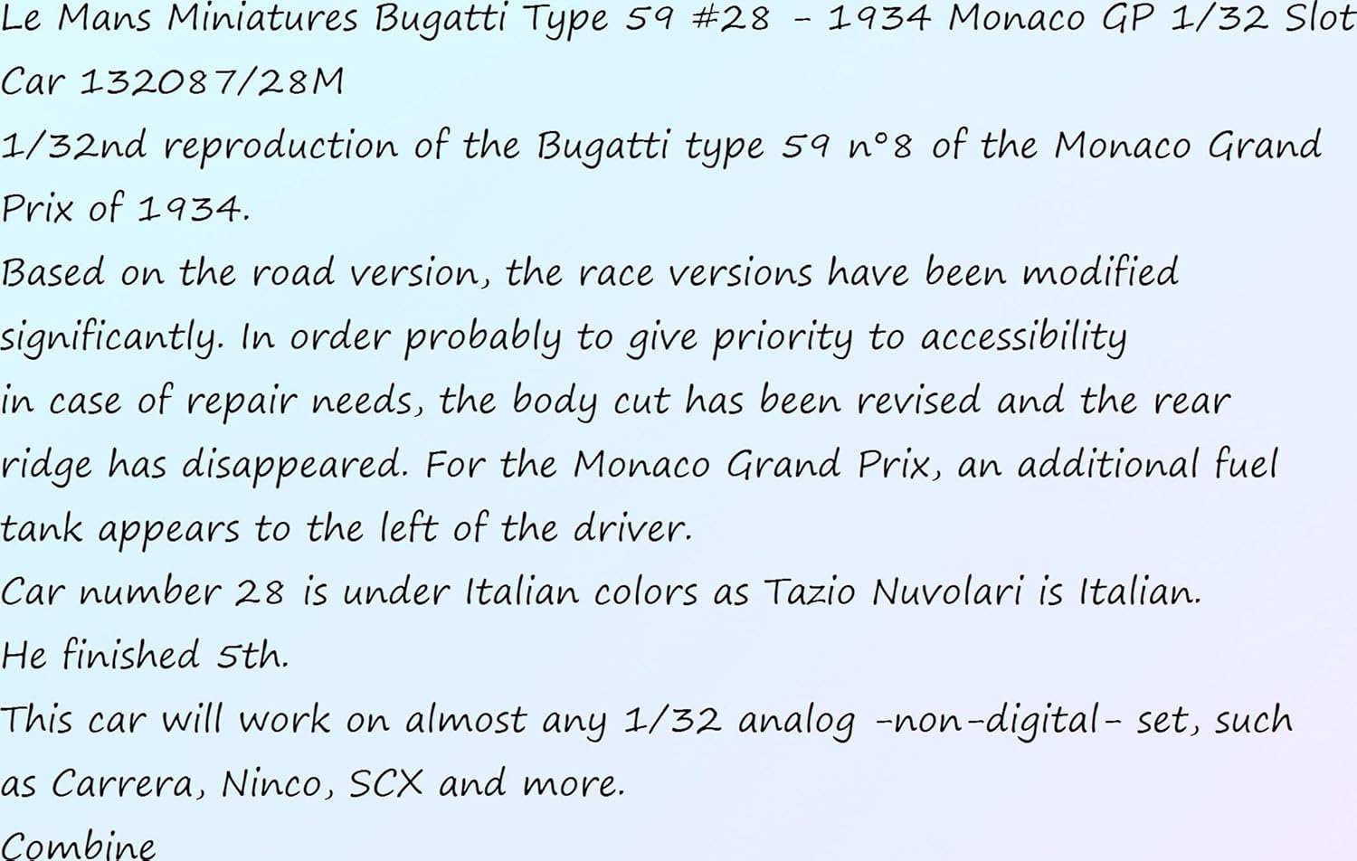 13208728 Hobby Collect kit #28-1934 Monaco GP 132 Slot Car 13208728M para Bugatti Tipo 59 F1