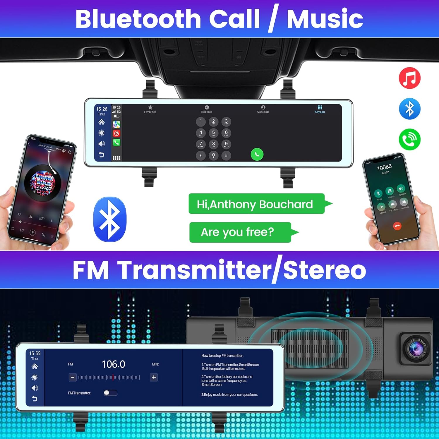 Cámara de espejo retrovisor de 11.26 pulgadas con Carplay y Android Auto – Espejo Dash Cam frontal y trasera – Transmisor FMBluetoothPantalla
