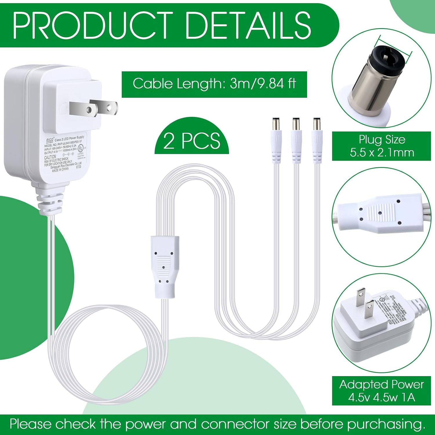 2 adaptadores de corriente de 4.5 V compatibles con accesorios iluminados Lemax, adaptador de corriente de CA y CC para Navidad, Halloween, aldea,