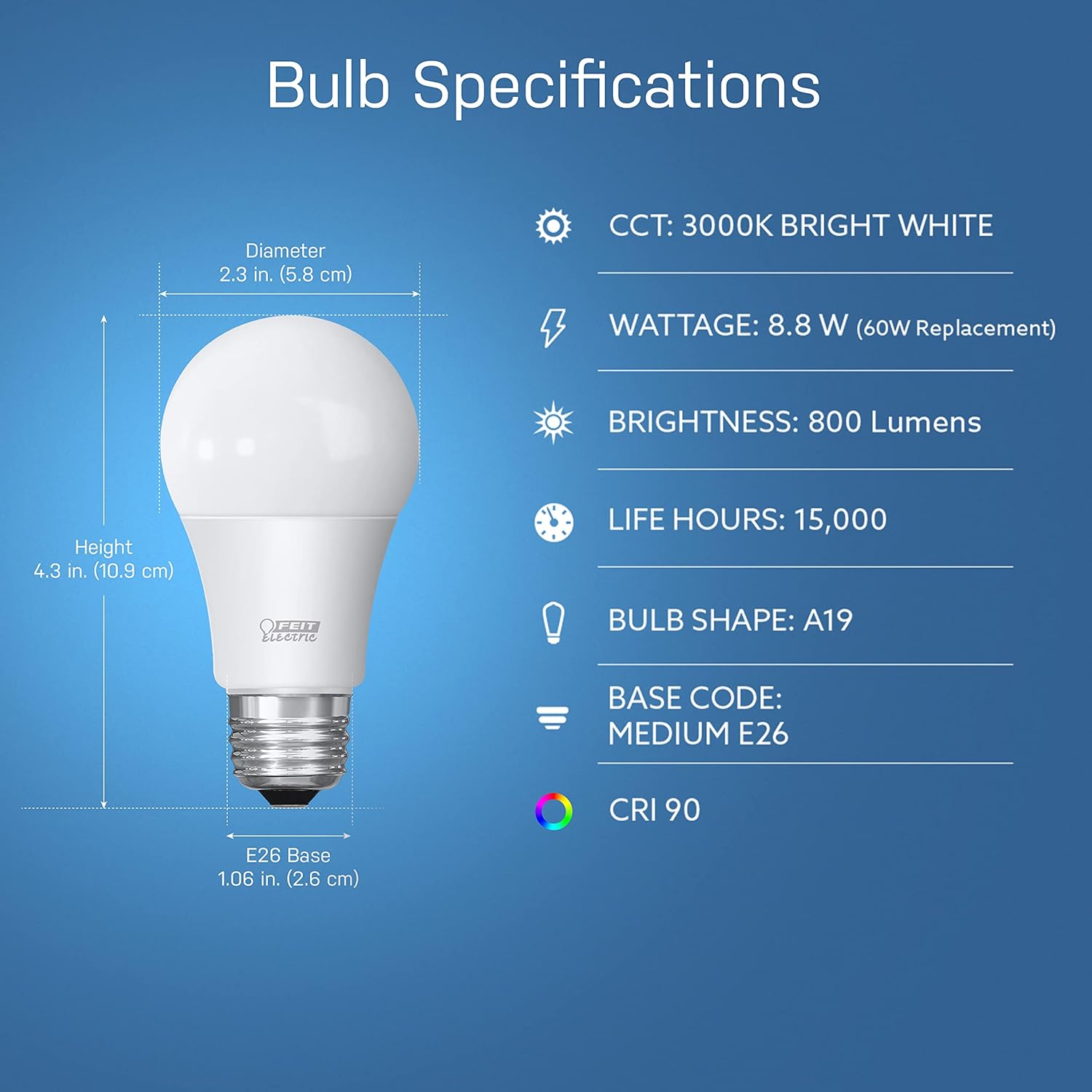 Feit Electric Bombilla LED A19, equivalente a 60 W, no regulable, 800 lúmenes, base media E26, blanco brillante de 3000 K, CRI 90, vida útil de 10