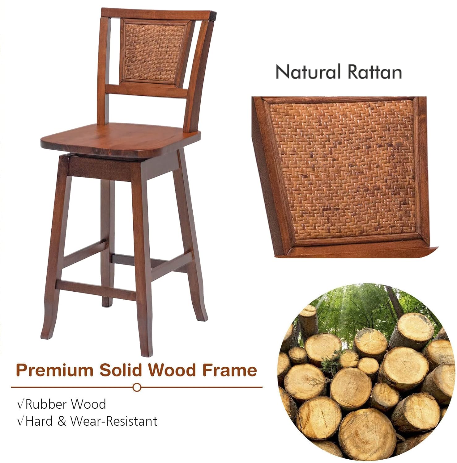 Taburete de bar, silla alta, taburete de bar de altura de asiento de 24.5 pulgadas, taburete de madera giratorio de 360 con respaldo de ratán,