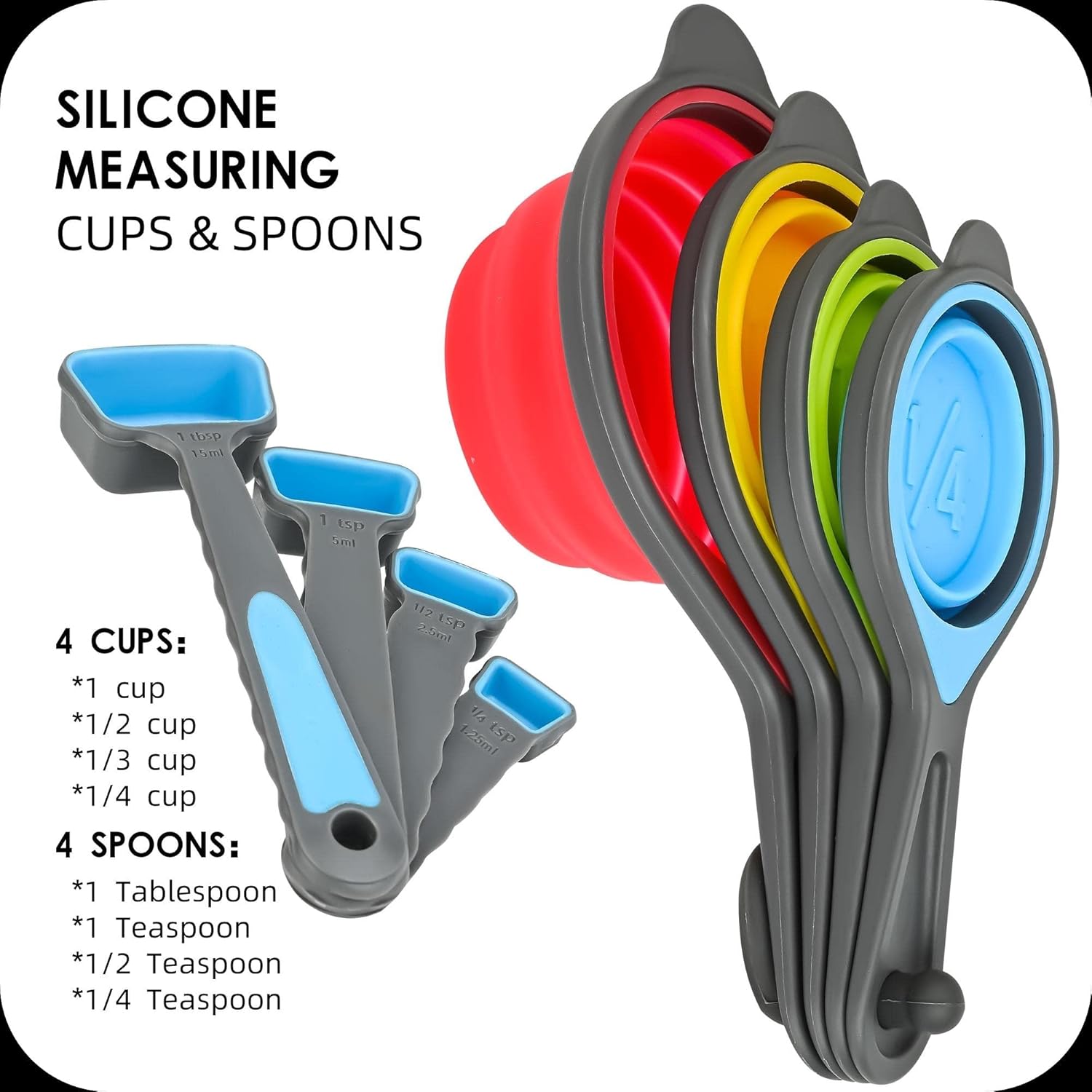 Juego de tazas y cucharas medidoras plegables, 8 tazas y cucharas medidoras de silicona portátiles para medición de líquidos y secos, juego de tazas