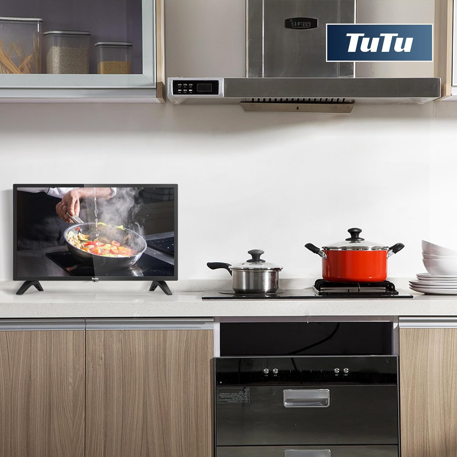 TuTu Televisor LED HD 720P de 24 pulgadas con reproductor de DVD integrado, 3 HDMI USB óptico VGA, funciona simplemente para cocina, habitación de