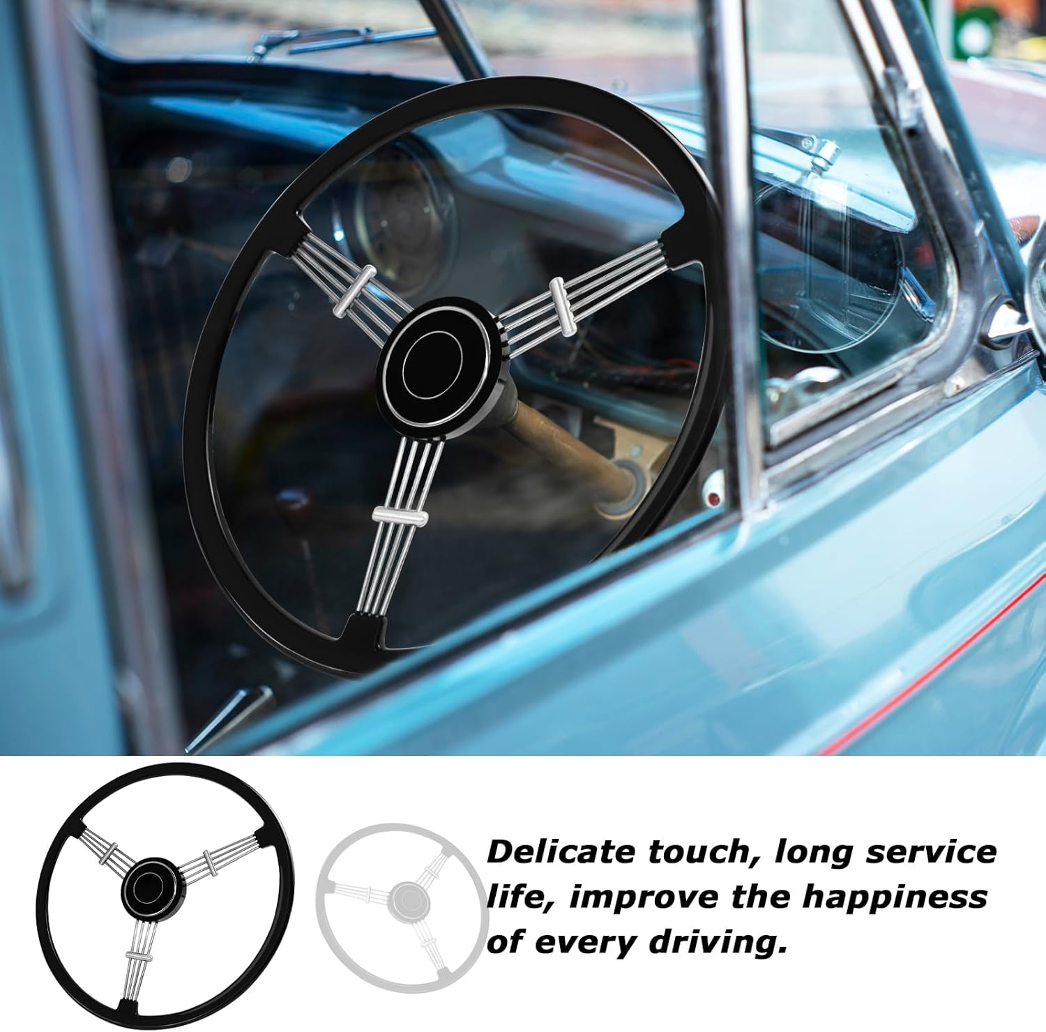 Volante de 15-12 pulgadas, estilo retro clásico con diseño de banjo negro, compatible con Porsche 356 Speedster (barniz de horneado – negro)