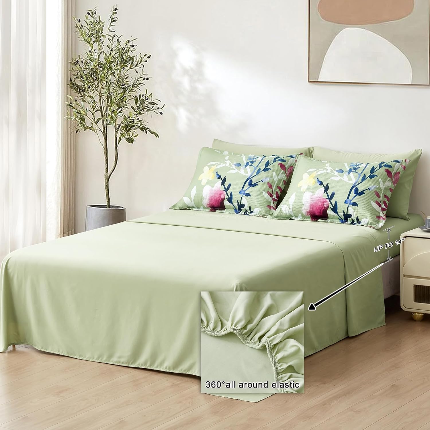 Juego de edredón de 7 piezas, color verde salvia, tamaño King, diseño floral de sirsaca suave, para todas las estaciones, juego de ropa de cama