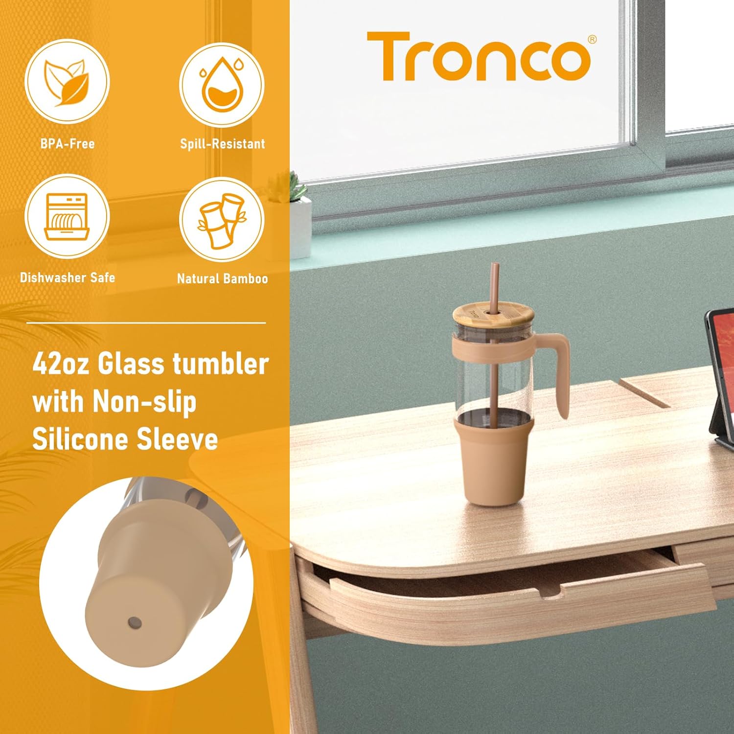tronco Vaso de vidrio de 40 onzas con popote y tapa, vaso de vidrio reutilizable con asa, taza de café helado con tapa de bambú, botellas de agua de