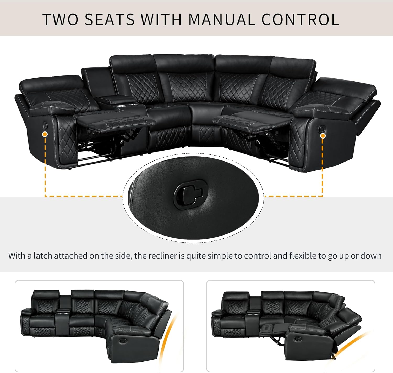 Juego de sofá seccional simétrico de PU, moderno, almacenamiento oculto, sofá esquinero reclinable manual con consola central y portavasos para sala