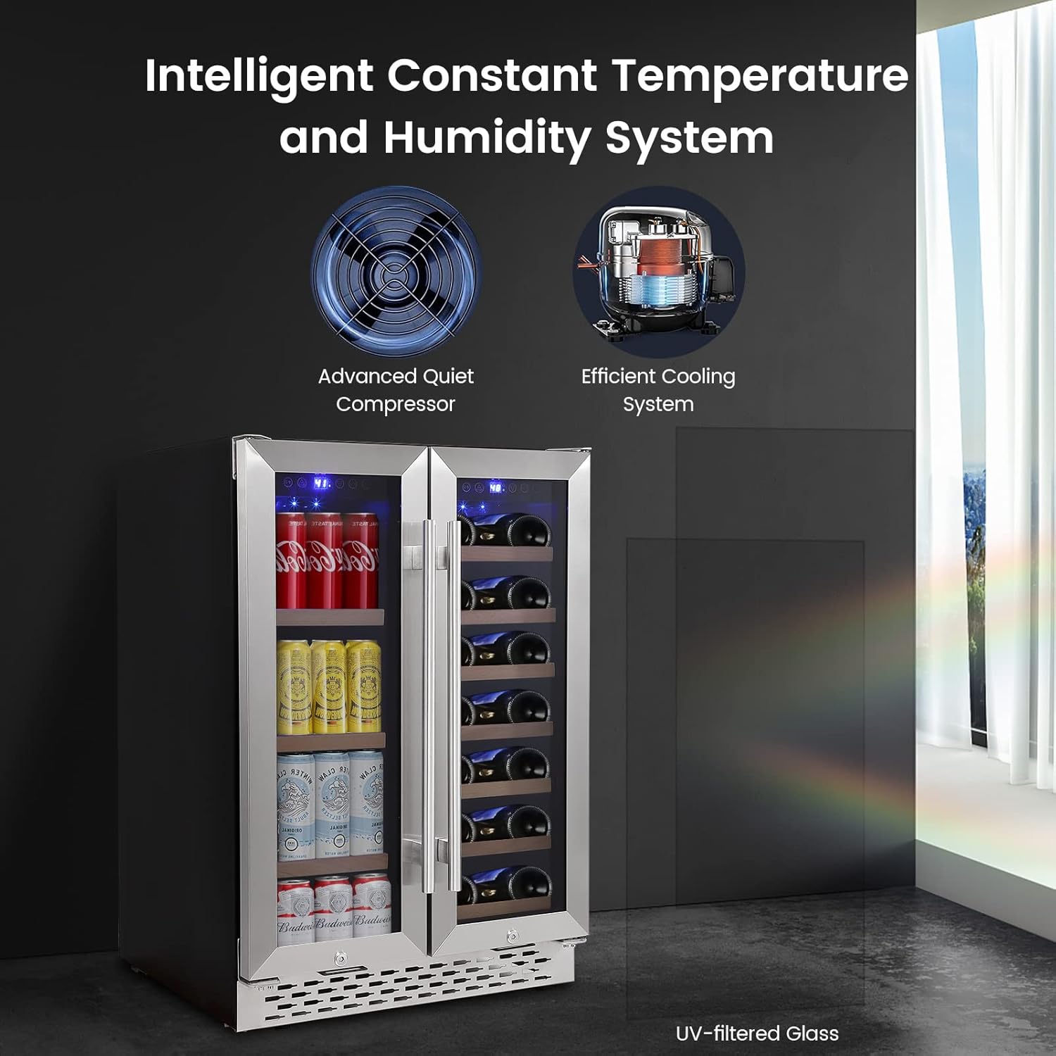 Refrigerador de vino y bebidas, 24 pulgadas, 55 latas y 20 botellas, enfriador de vino grande de doble zona con compresor silencioso, LED azul,