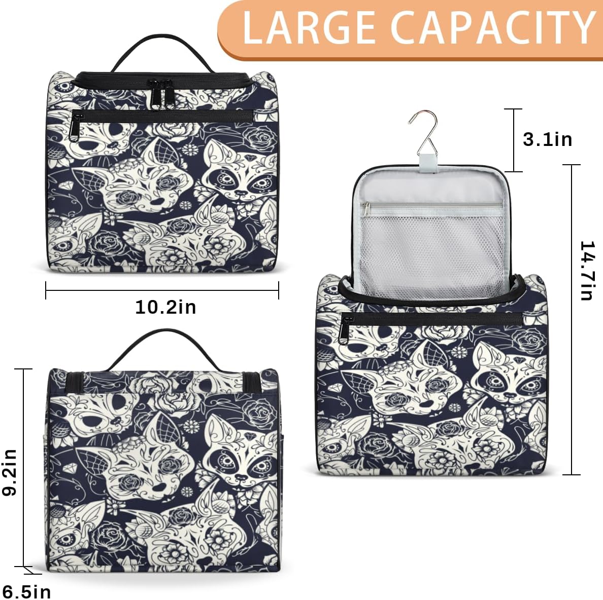 Skull Fun Pattern Toiletry Bag for Women Travel Makeup Organizer with Hanging Hook Traveling Cosmetic Bags for Toiletries Accessories