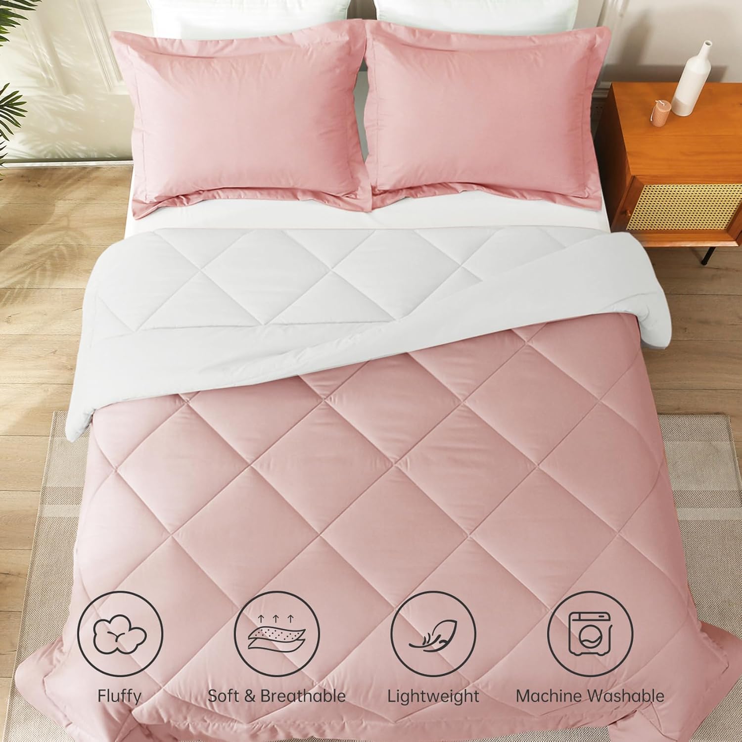 JOLLYVOGUE Juego de edredón tamaño Queen rosamarfil, juego de cama reversible en una bolsa para todas las estaciones, juego de cama de 3 piezas con