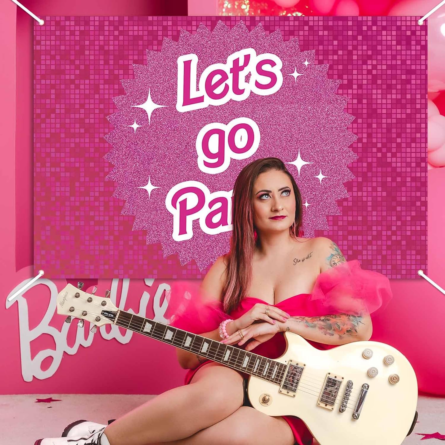 Decoraciones de fiesta de cumpleaños rosa intenso, pancarta de fondo de fiesta con purpurina de Let’s Go para decoración de fiesta de despedida de