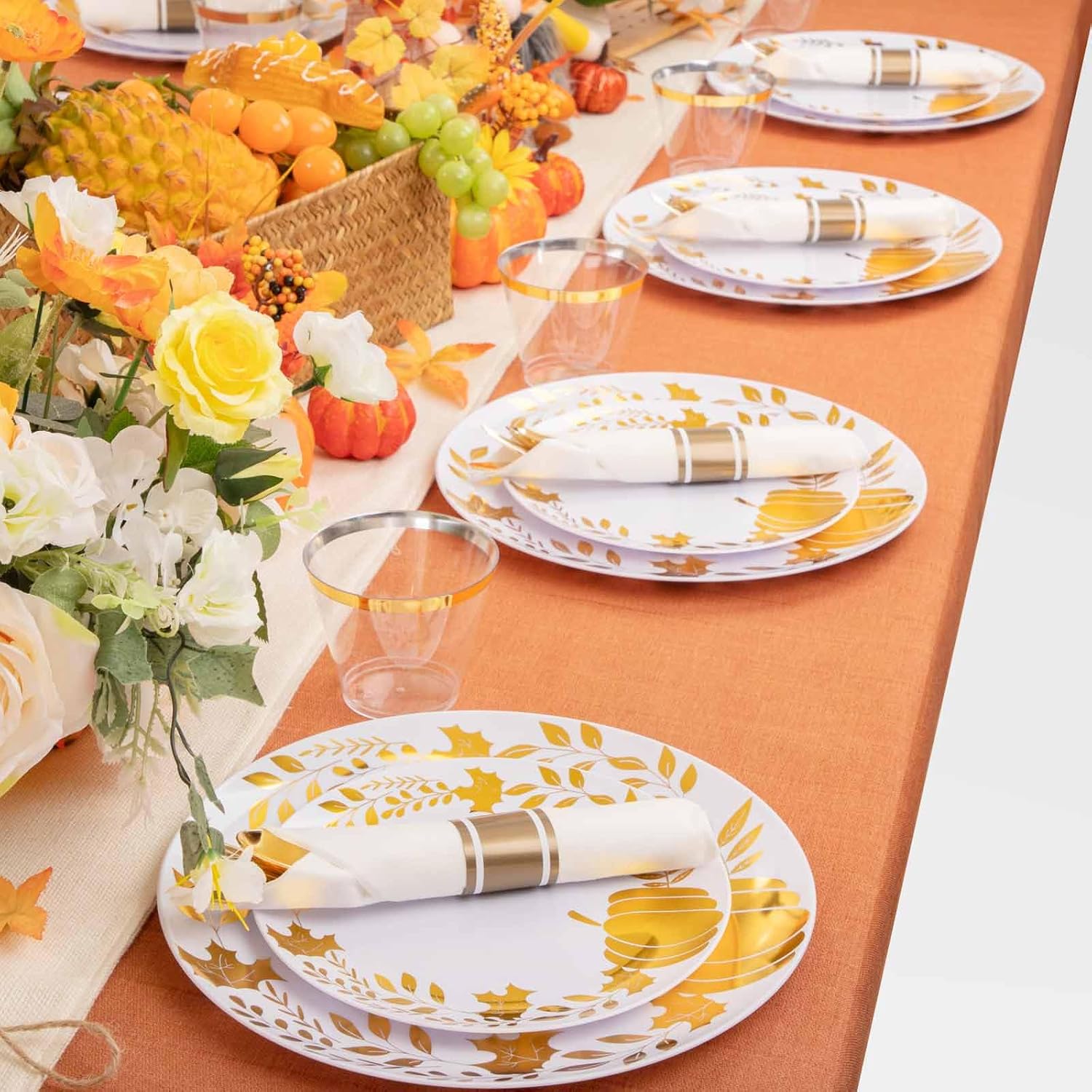 Ciaell 175 platos de plástico de Acción de Gracias  Platos de plástico desechables para otoño  Los platos de plástico blanco y dorado incluyen 50