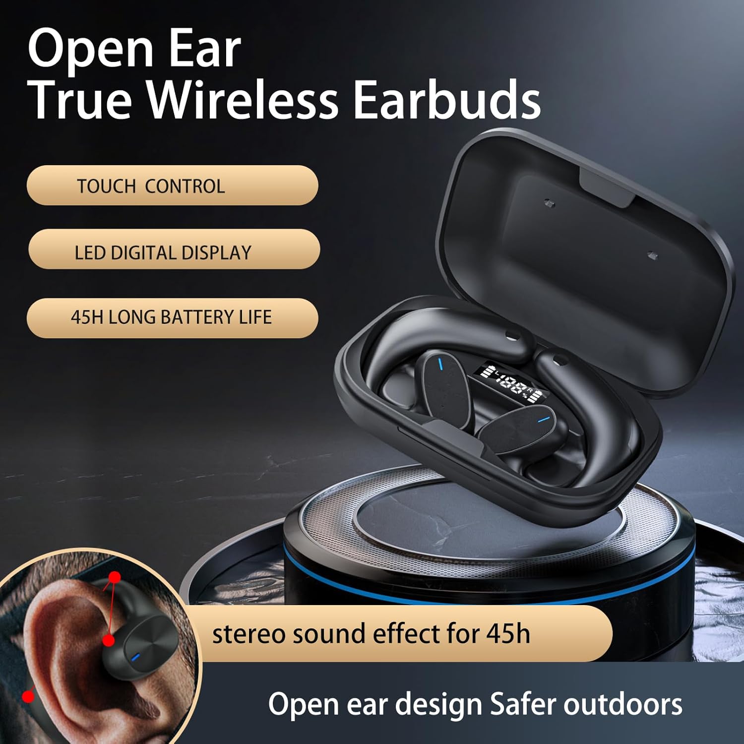 Tronikin Auriculares inalámbricos Bluetooth de oreja abierta, reproducción de 45 horas, impermeable, con pantalla de alimentación LED, funda de
