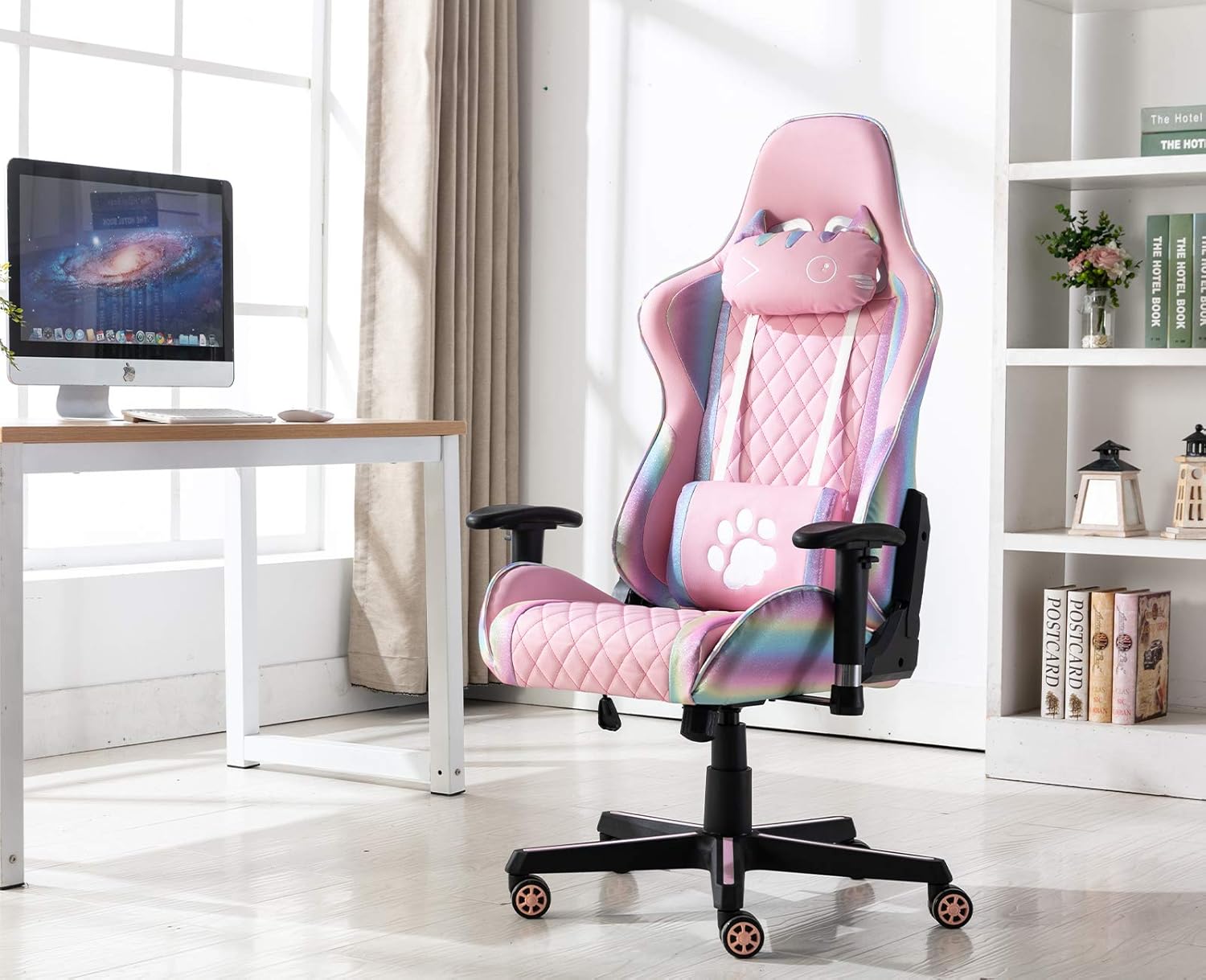 chairus Silla de juegos rosa de piel sintética, con respaldo alto, ergonómica, de carreras, con reposacabezas, soporte lumbar y reposabrazos 2D,