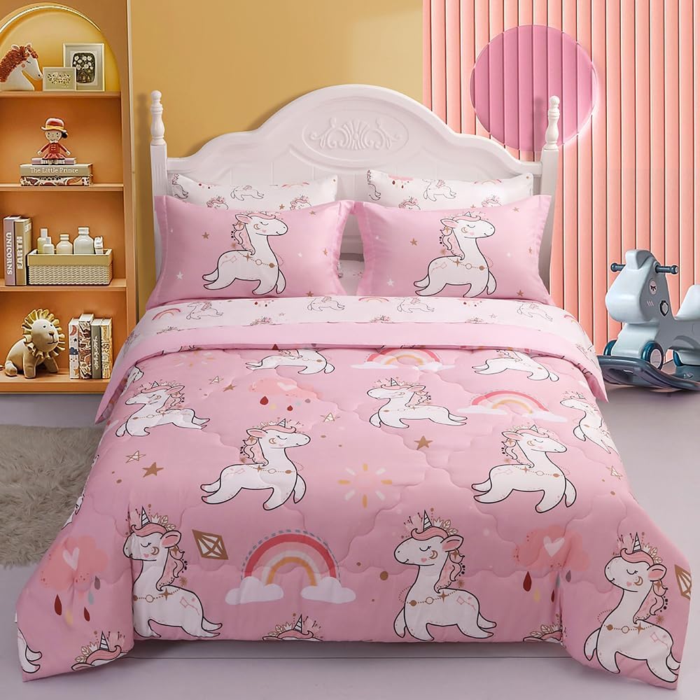 Wajade Juego de edredón de unicornio rosa para niños, cama en una bolsa, tamaño individual, 7 piezas, bonito juego de ropa de cama de unicornio y