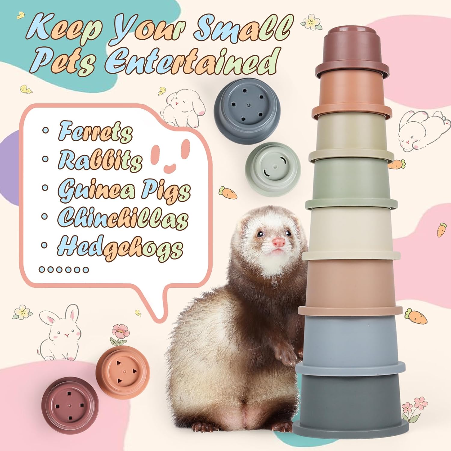 SKYWHALE Vasos apilables para conejos, 8 juguetes apilables de conejo, contenedor de plástico para anidar mascotas, juego de enriquecimiento de
