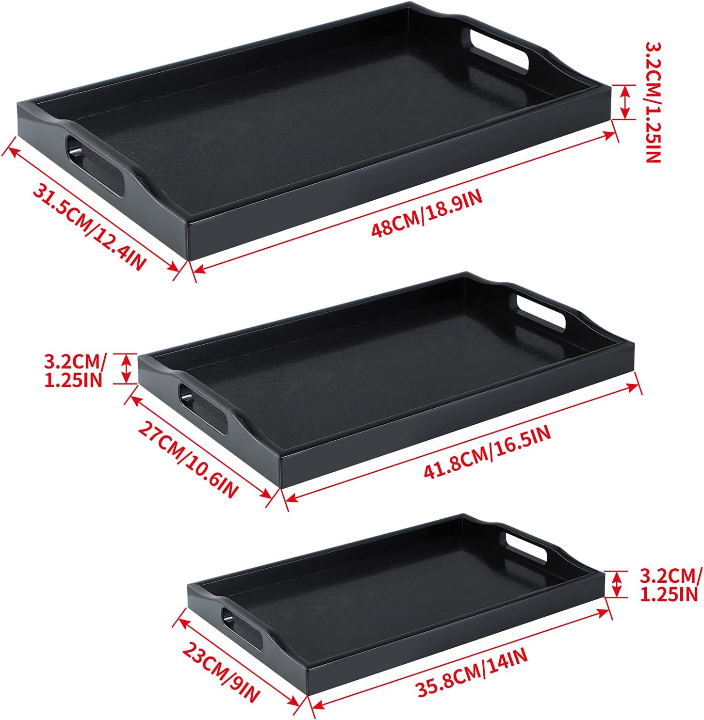 Juego de 3 bandejas de plástico para servir, bandeja otomana con asas recortadas, bandeja rectangular para mayordomo para desayuno en la cama, mesa