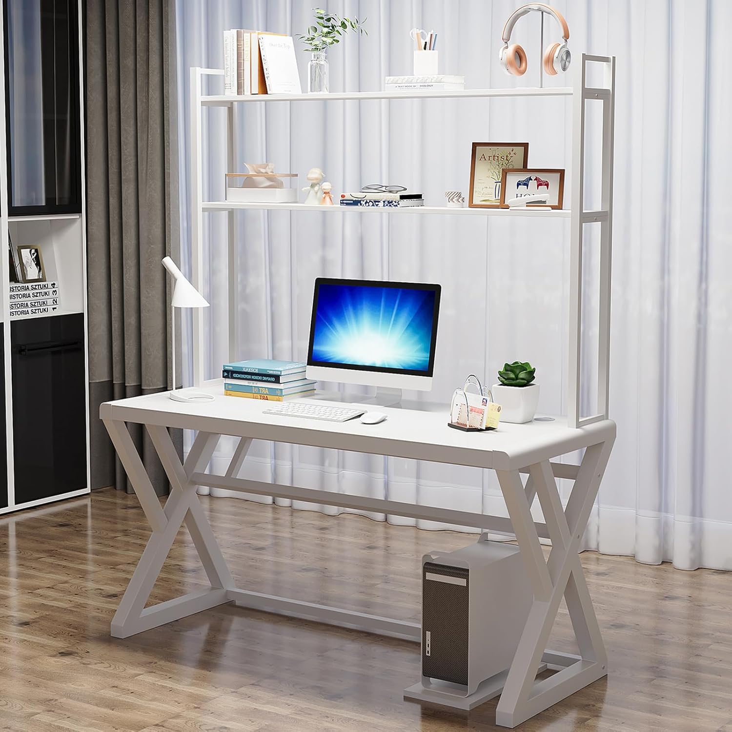 Escritorio de vidrio para computadora de 55.1 pulgadas con estantes de almacenamiento, mesa de escritorio de oficina en casa con marco de metal,