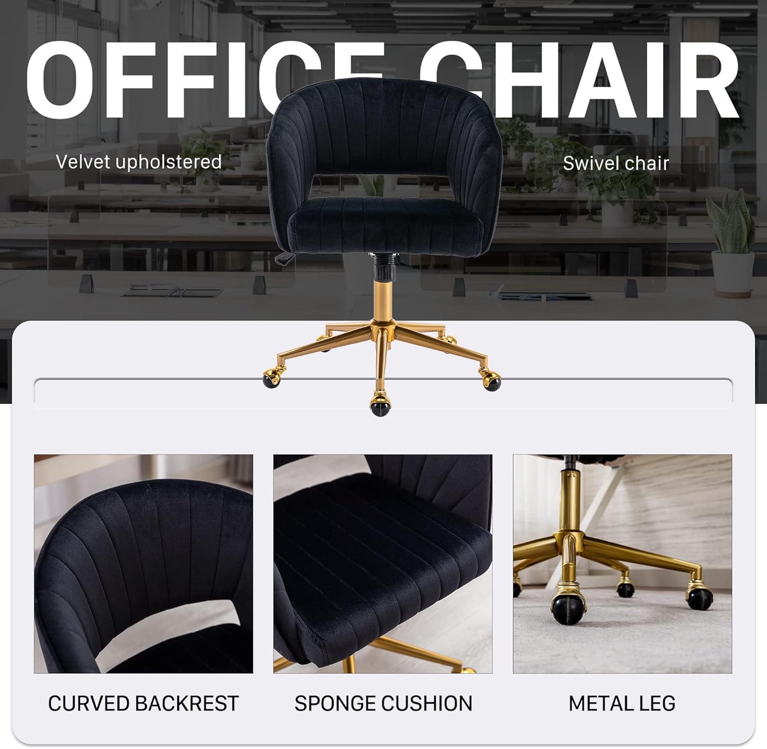 Silla de oficina en casa, silla giratoria de terciopelo para escritorio, sillón tapizado moderno con base dorada para niñas y mujeres, asiento de