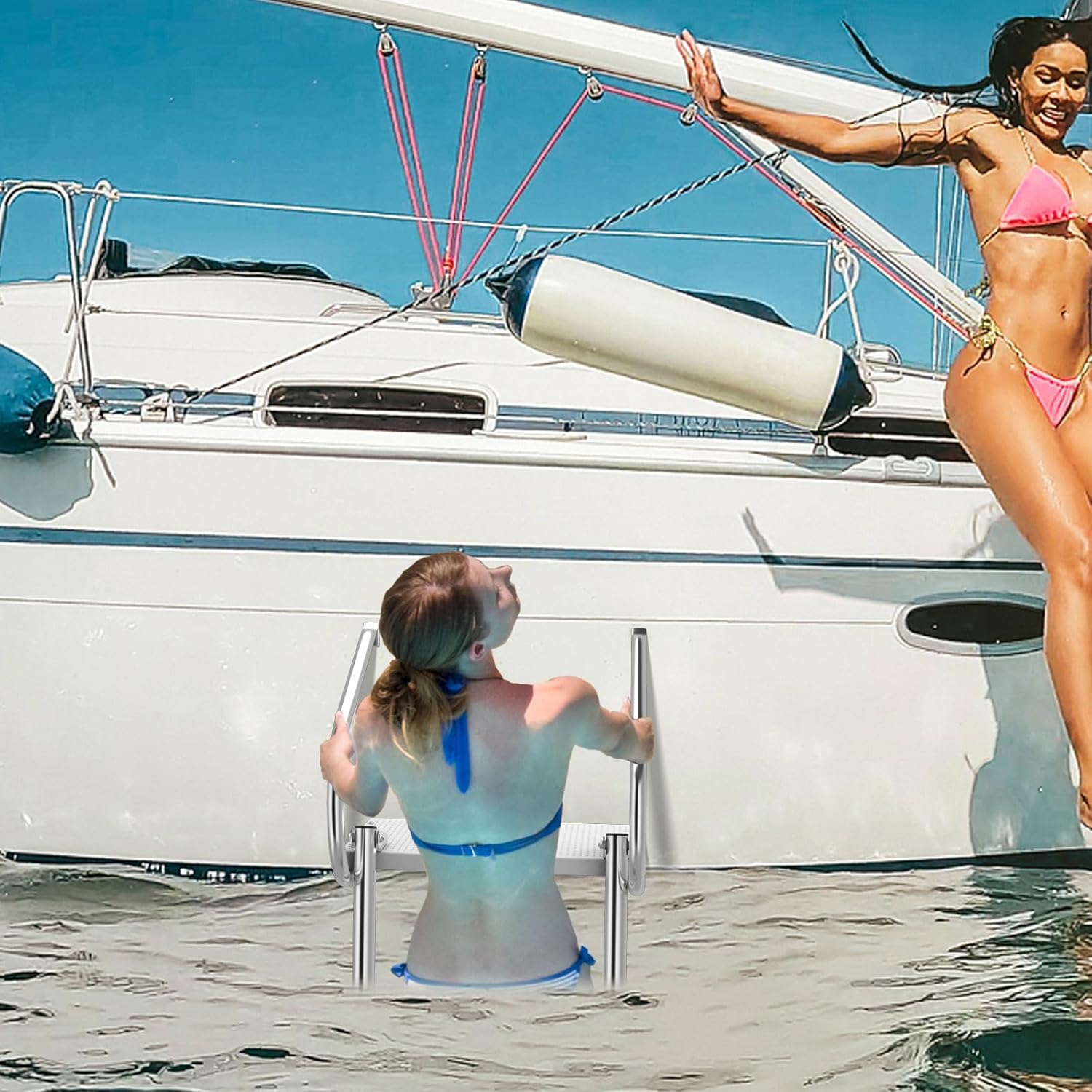 Goplus Escalera de barco con plataforma de natación de 3 escalones, escalera plegable telescópica con pasamanos, 3 pasos antideslizantes, escalera