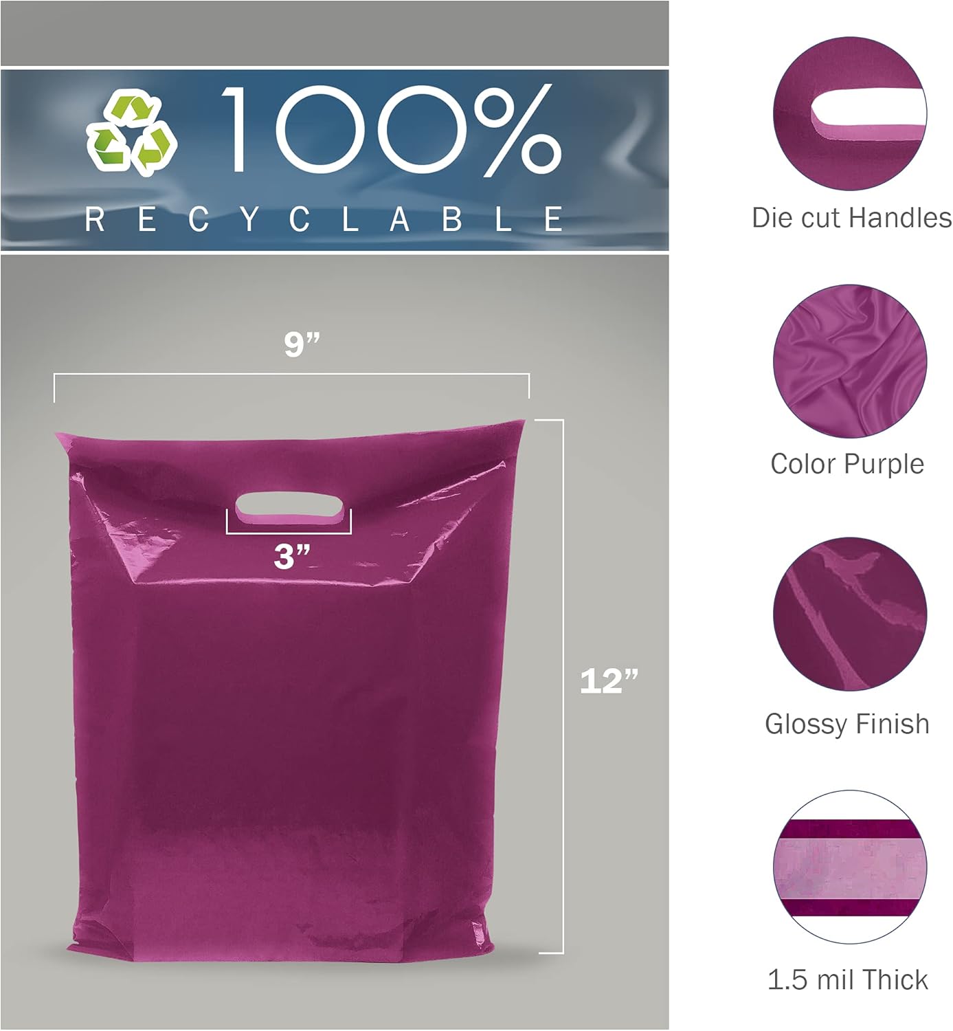 Purple Merchandise – Bolsas de plástico para compras, paquete de 100 unidades de 9 x 12 pulgadas con 1.5 mil de grosor, asas troqueladas, perfectas
