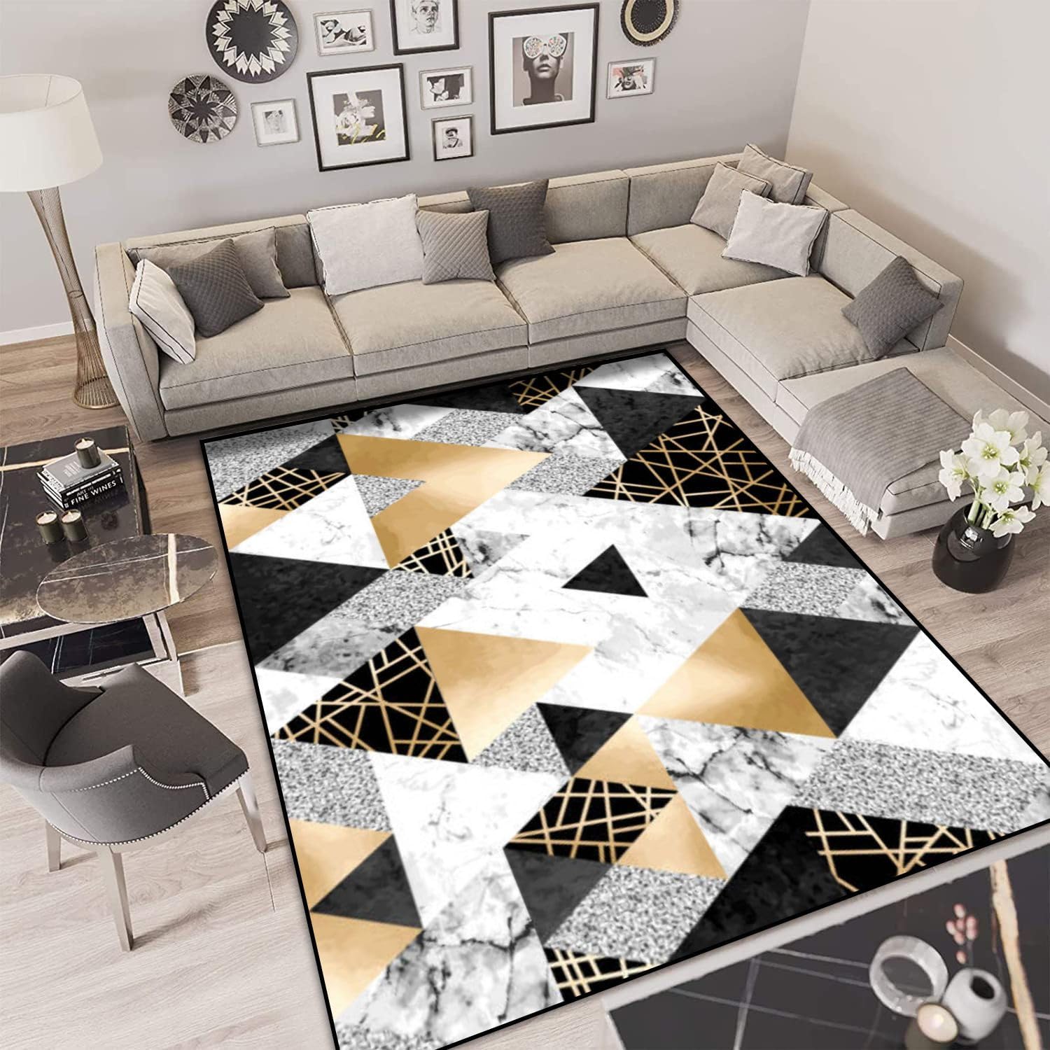 Alfombra de área sin costuras, patrón geométrico, líneas doradas, purpurina, negro, acuarela, gris, lavable, de 6 x 9 pies, alfombras grandes para