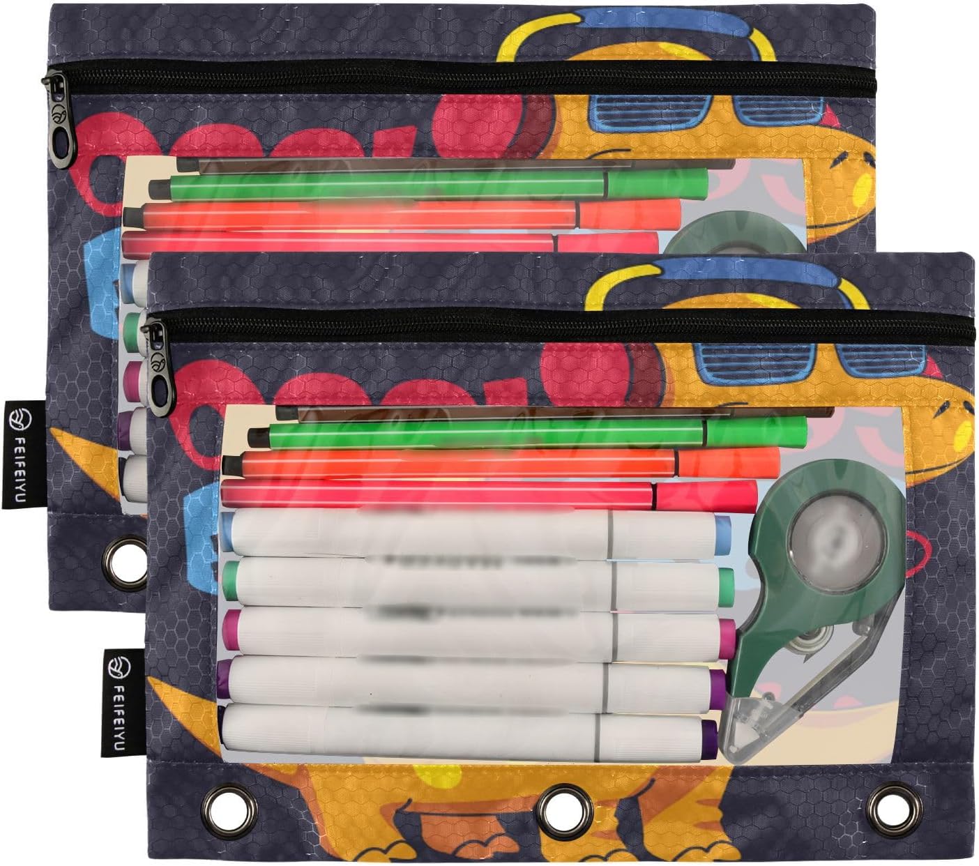 Gredecor Estuche para lápices con 3 anillos, con cremallera de dinosaurio, paquete de 2 unidades, organizador transparente para la escuela y la