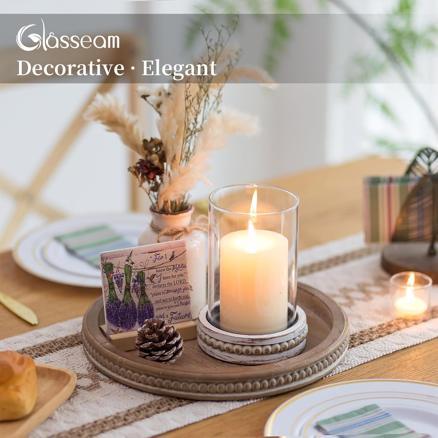 Glasseam Portavelas de cristal de huracán, portavelas decorativos para velas de pilar, portavelas boho para centro de mesa, cilindro de vidrio con