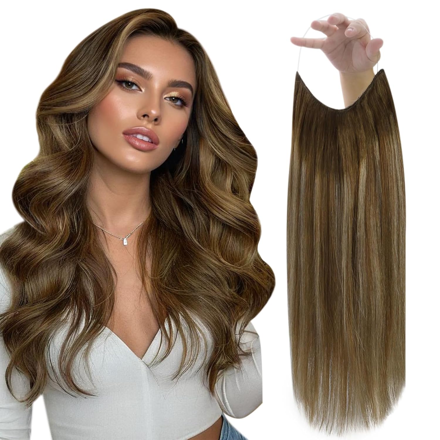 Fshine – Extensiones de cabello humano con alambre, balayage castaño cálido a rubio miel, 12 pulgadas, 2.47 onzas, extensiones de cabello humano