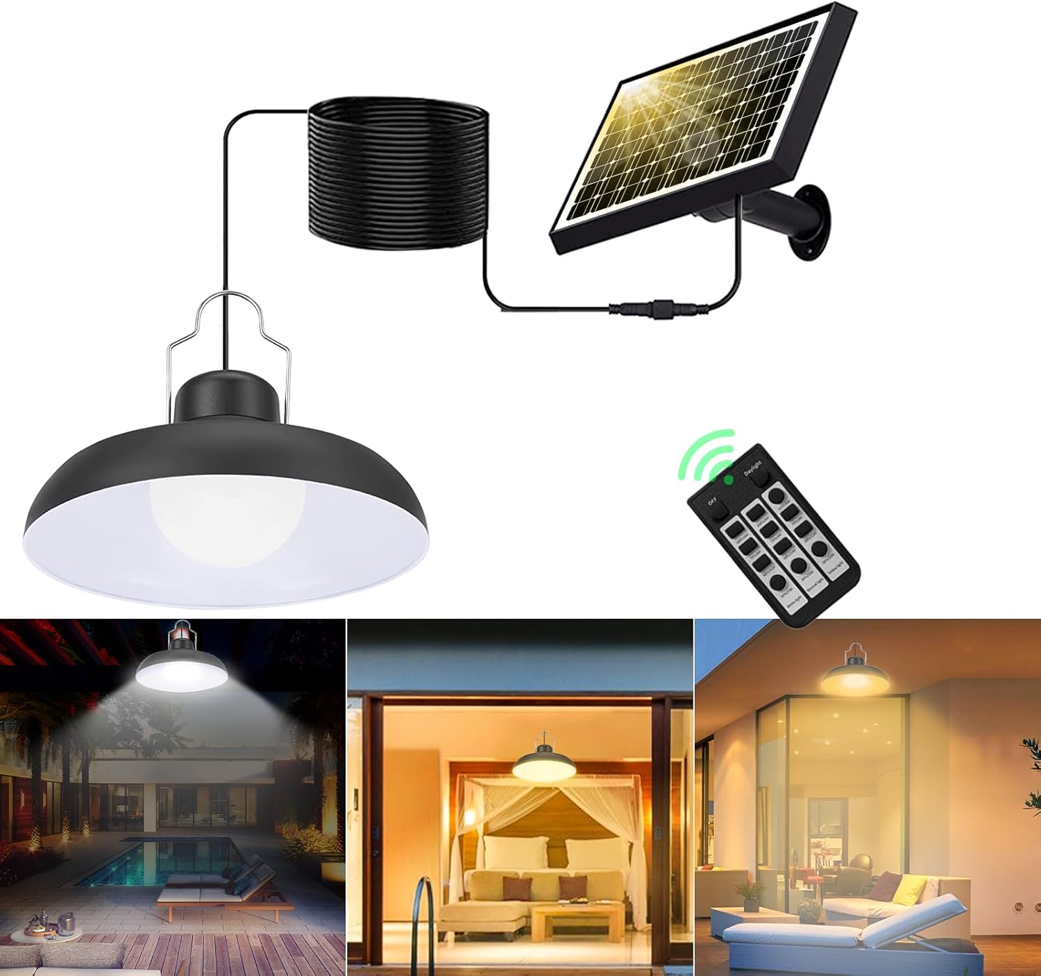 GUYULUX Luces solares para exteriores, lámpara colgante solar LED de 2800 K, 4500 K, 6500 K, iluminación regulable con control remoto, cable de 16.4