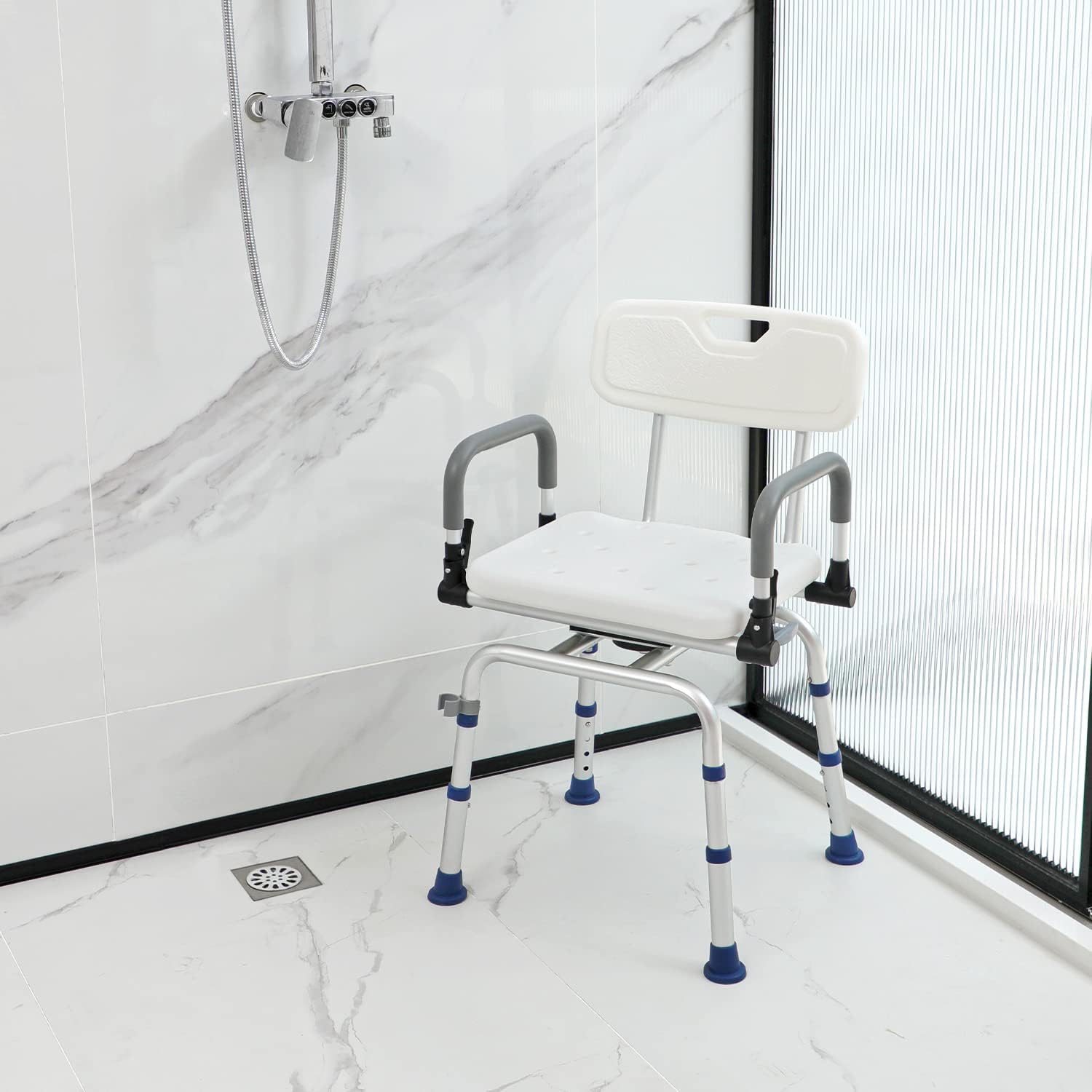GreenChief Silla de ducha giratoria para ducha interior, silla de baño para discapacitados con brazos caídos y respaldo, asiento de ducha giratorio