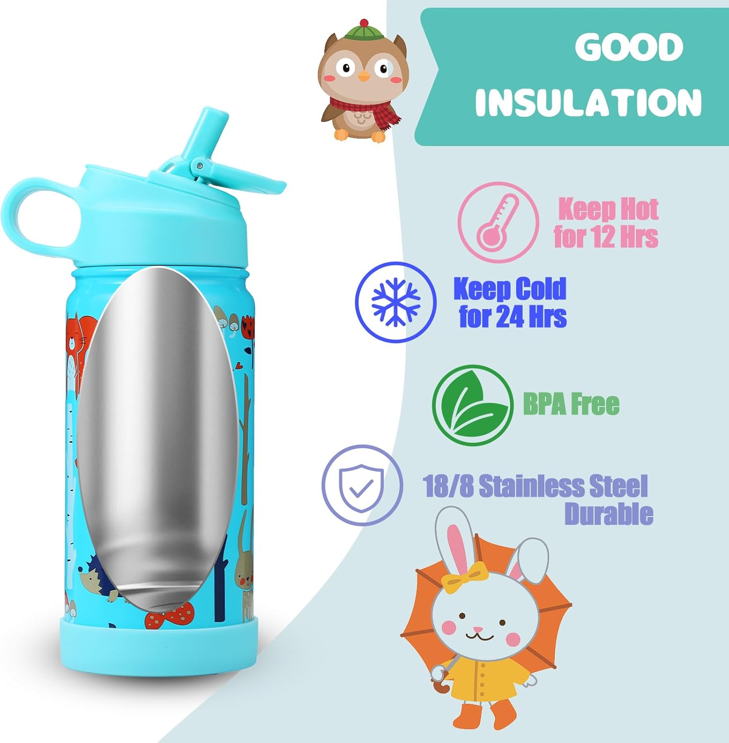 Botella de agua para niños con tapa de popote a prueba de fugas, sin polvo, botellas de agua de 14 onzas para niños con bota, botella de agua de