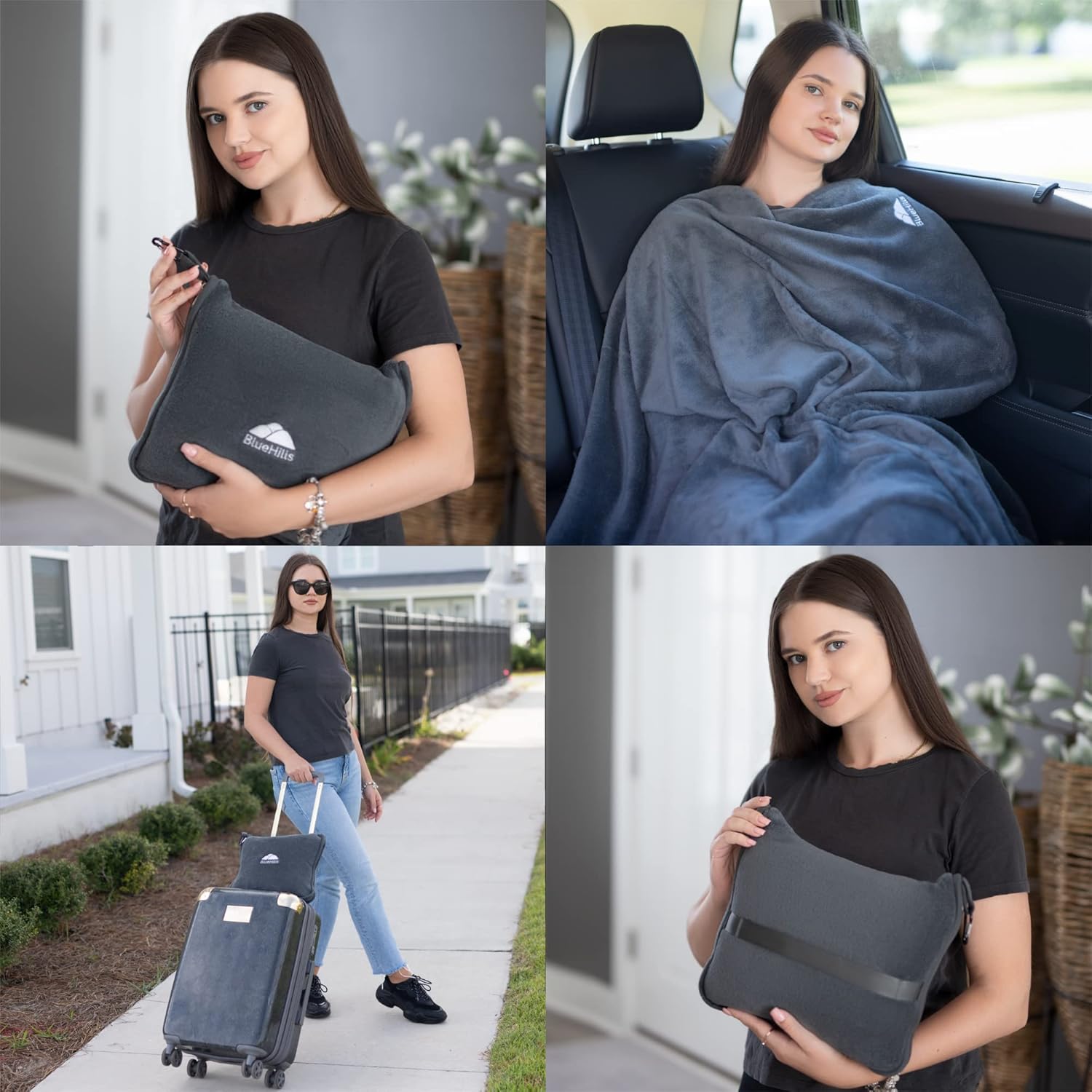 BlueHills Almohadas largas y enrolladas de manta de viaje para dos aviones esenciales de viaje, mantas de vuelo en estuche de bolsa con clip para