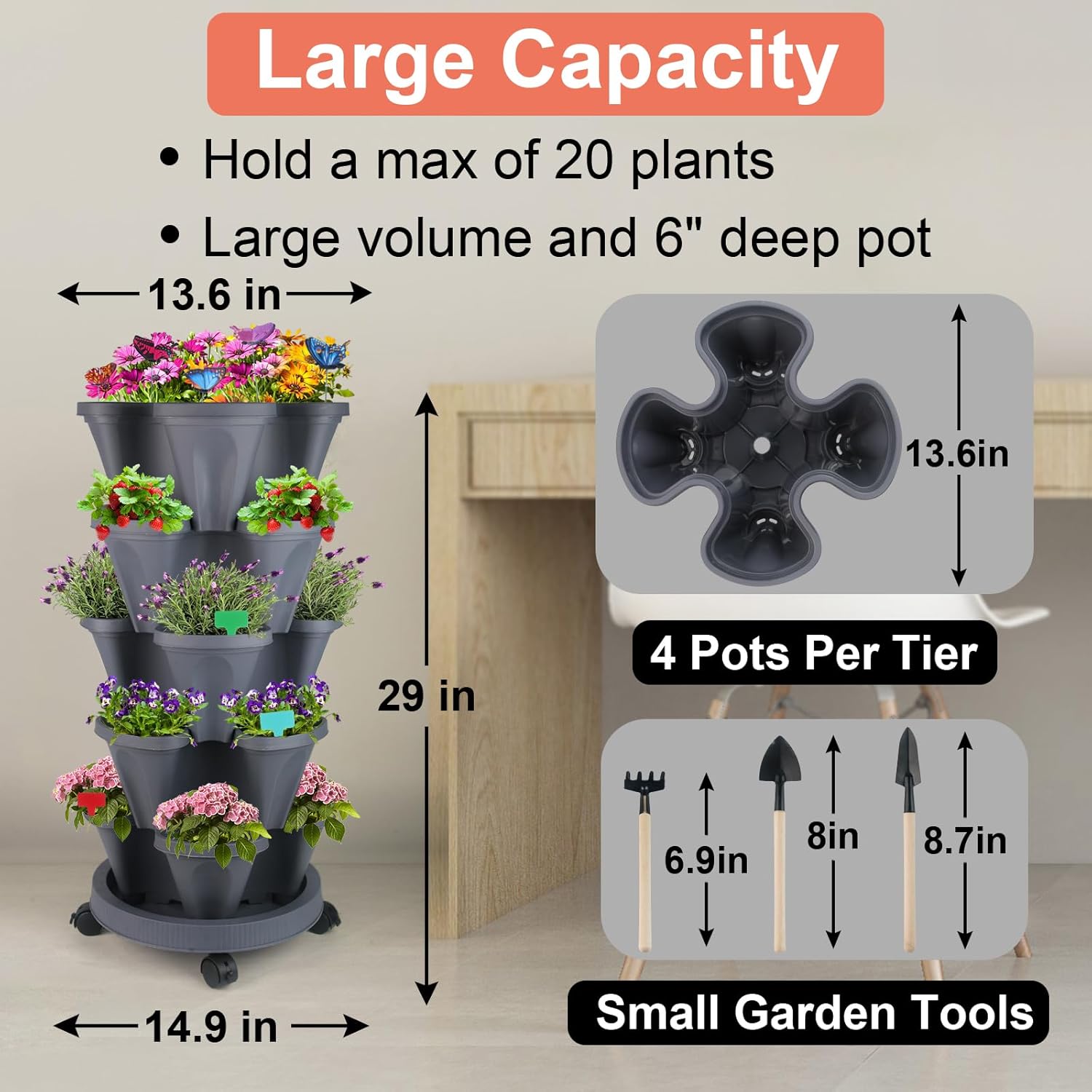 DUNCHATY Maceta apilable, maceta vertical de fresa con juego de herramientas Garen, maceta de jardín de riego automático para interiores y