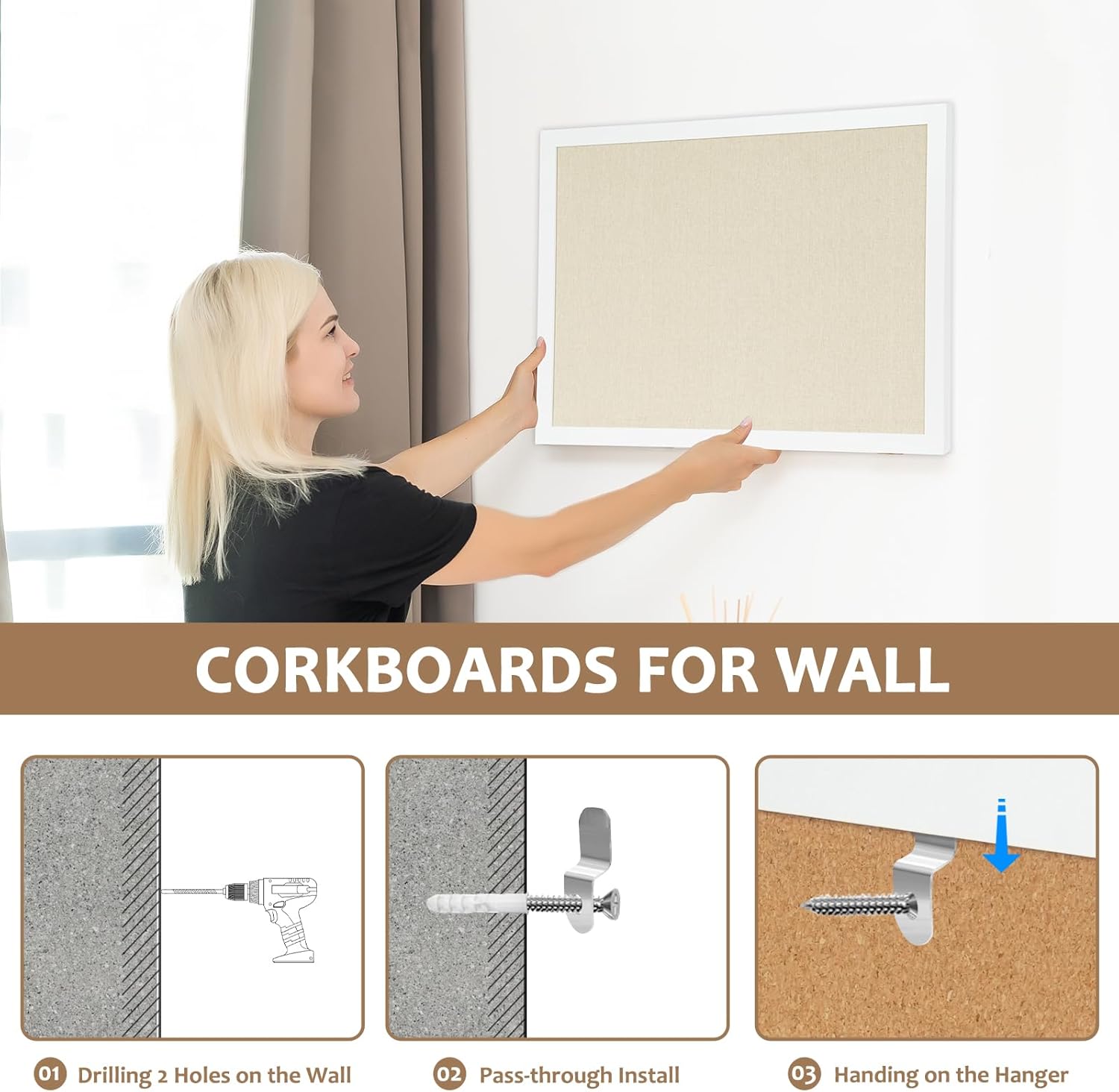 Tablero de corcho grande de doble cara con lino, tablero de anuncios con marco de madera colgante de 24 x 18 pulgadas, tablero de visión de