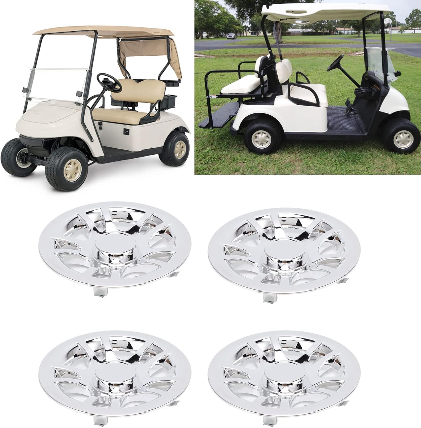4 tapas de cubo de carrito de golf de 8 pulgadas, cubiertas de rueda cromadas, protector de llanta para carrito de golf E Z GO