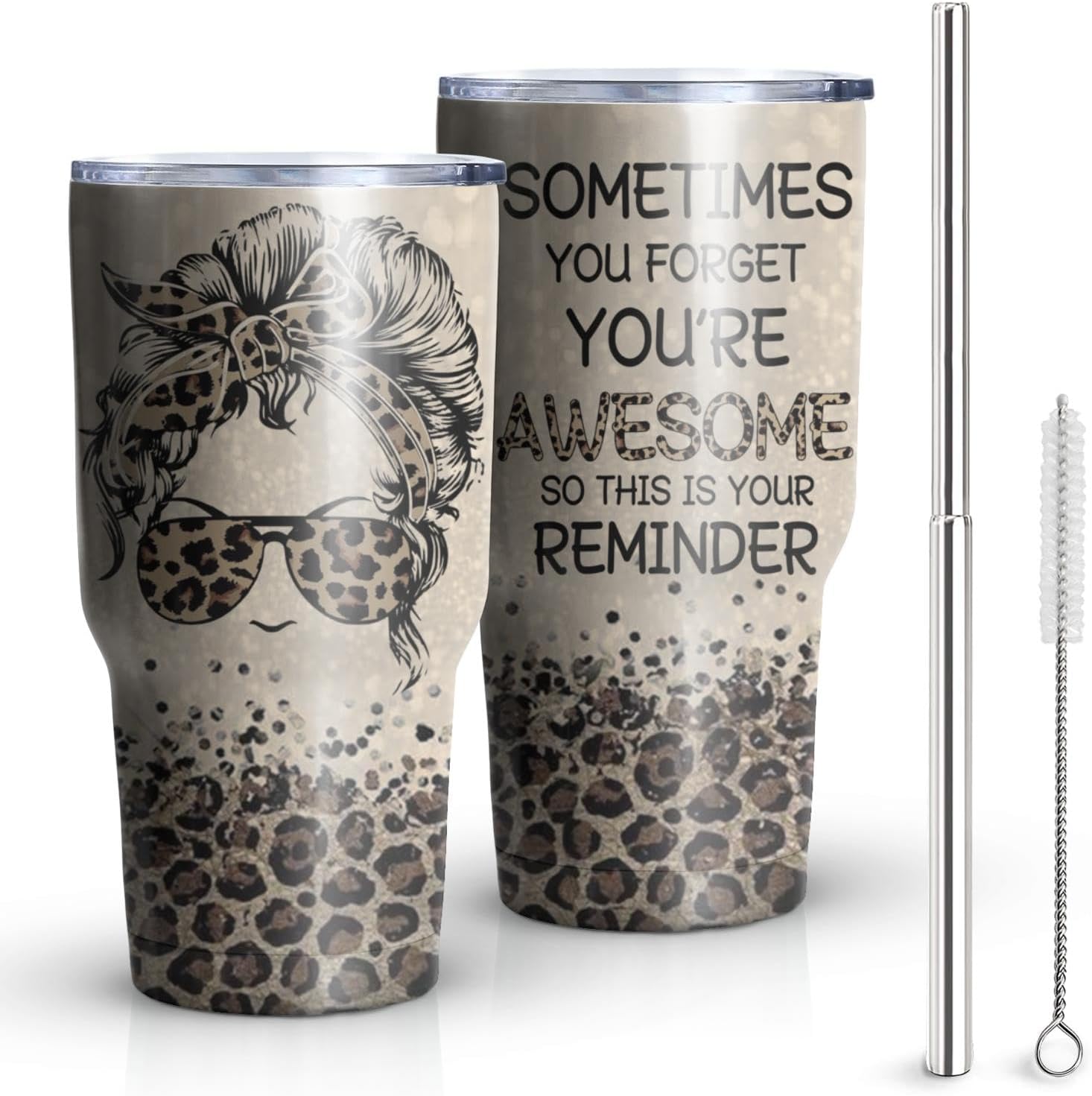 Hapyfam Vaso de leopardo de regalo para mujer, taza de café de acero inoxidable con tapapajita, 20 onzas, 30 onzas