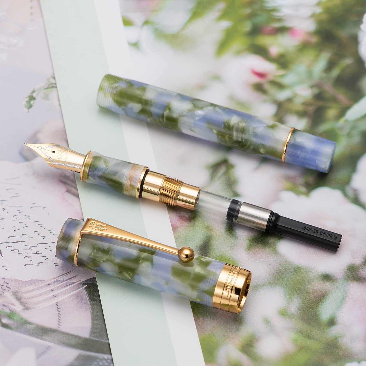 Jinhao – Pluma estilográfica clásica de celuloide azul y verde, punta extrafina con conveter y estuche para bolígrafos