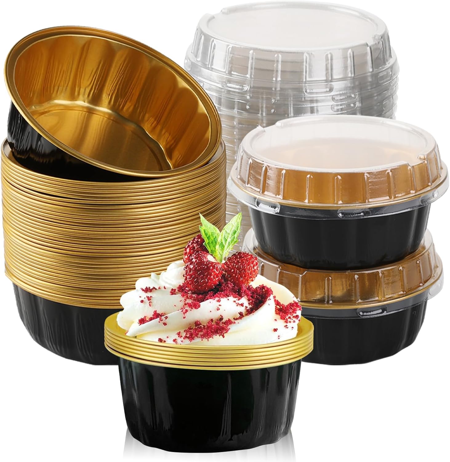 100 vasos de papel de aluminio de 8 onzas con tapas, moldes desechables con tapas, moldes desechables para hornear, recipientes de aluminio para