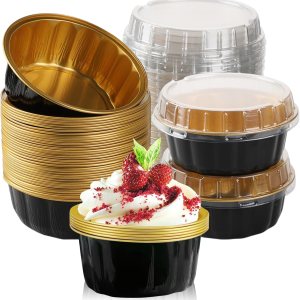 100 vasos de papel de aluminio de 8 onzas con tapas, moldes desechables con tapas, moldes desechables para hornear, recipientes de aluminio para 100 vasos de papel de aluminio de 8 onzas con tapas, moldes desechables con tapas, moldes desechables para hornear, recipientes de aluminio para