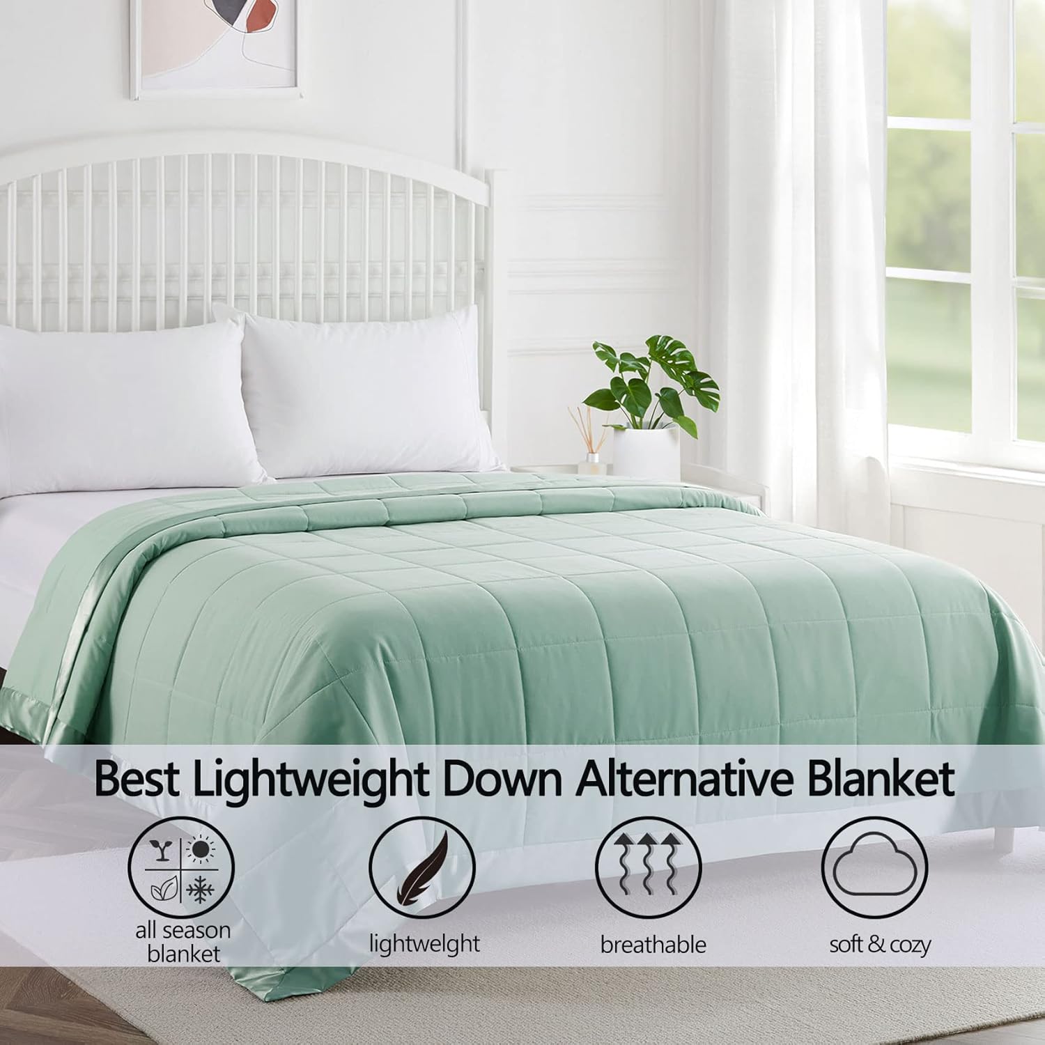 Manta Queen con ribete satinado, manta de cama para todas las estaciones  Invierno verano cómodo suave (verde, matrimonialqueen)