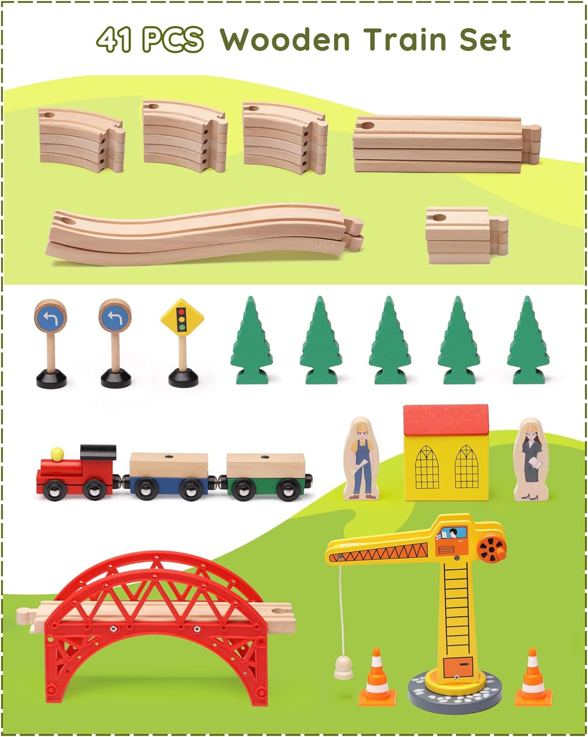 SainSmart Jr. Juego de tren de madera para niños pequeños, 41 piezas de pista de tren de madera con grúa para Brio, Thomas, Melissa y Doug, tren de